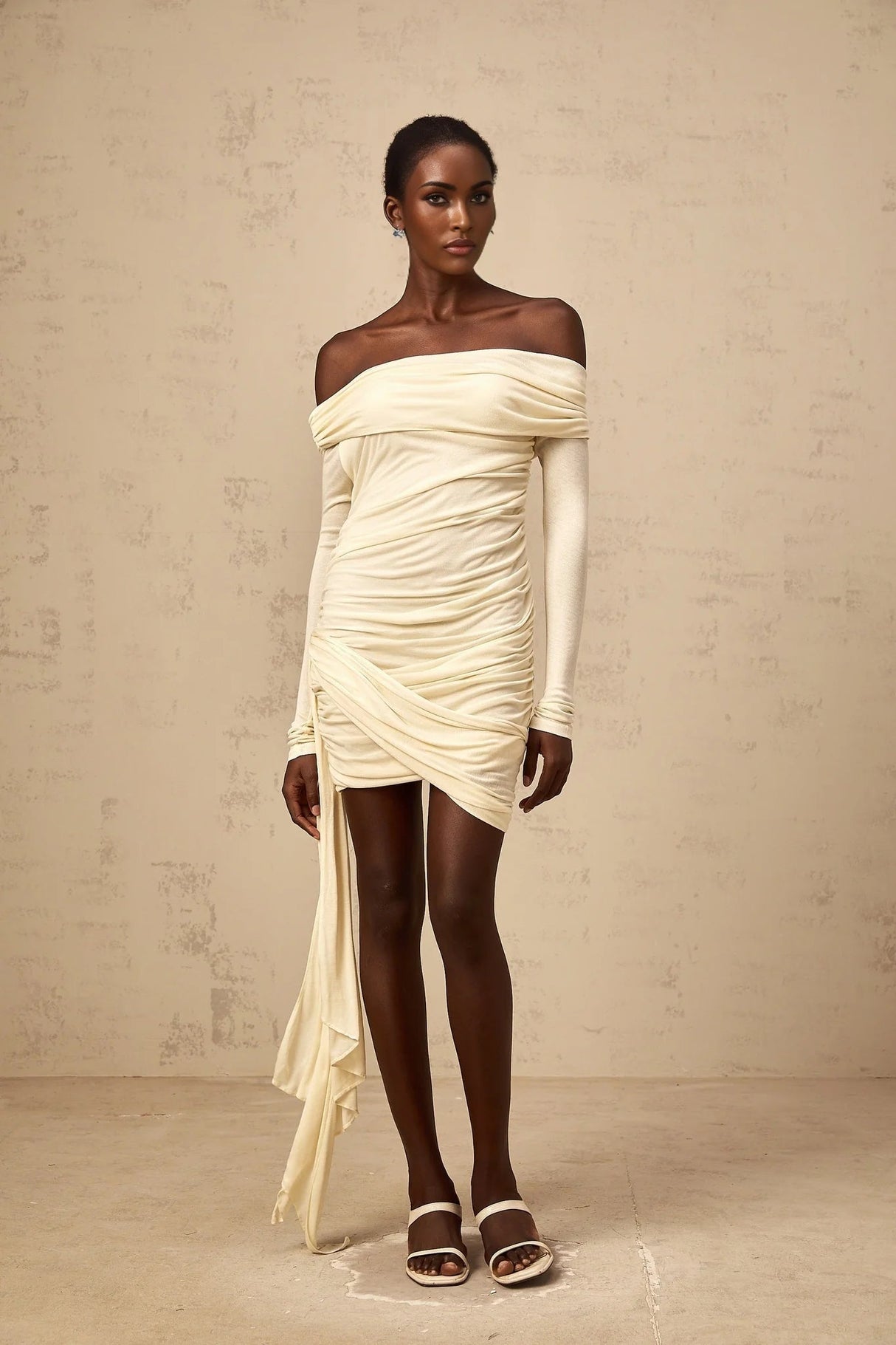 Brianna Mini Dress Cream - White Ribbon Ruched & Fitted