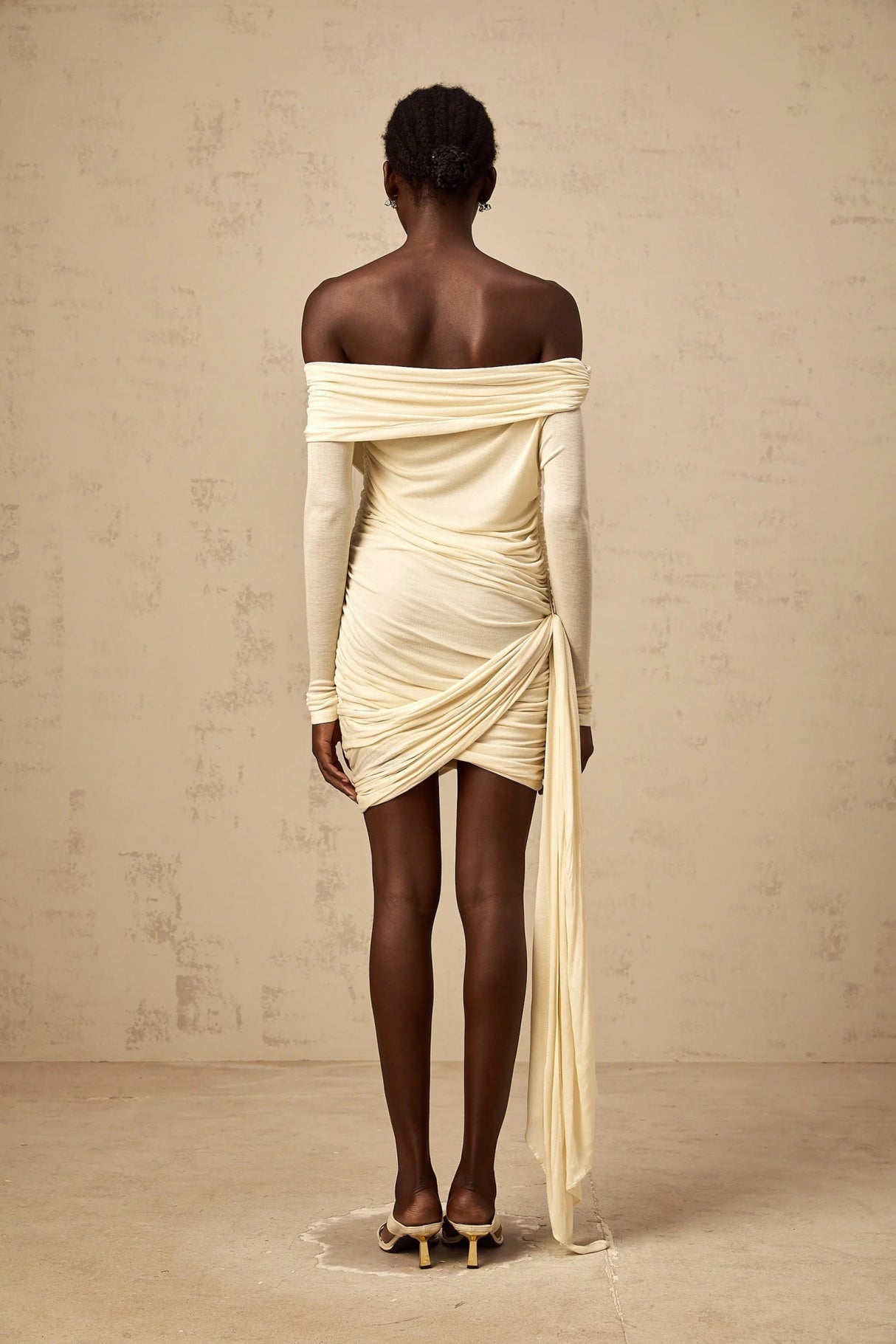 Brianna Mini Dress Cream - White Ribbon Ruched & Fitted