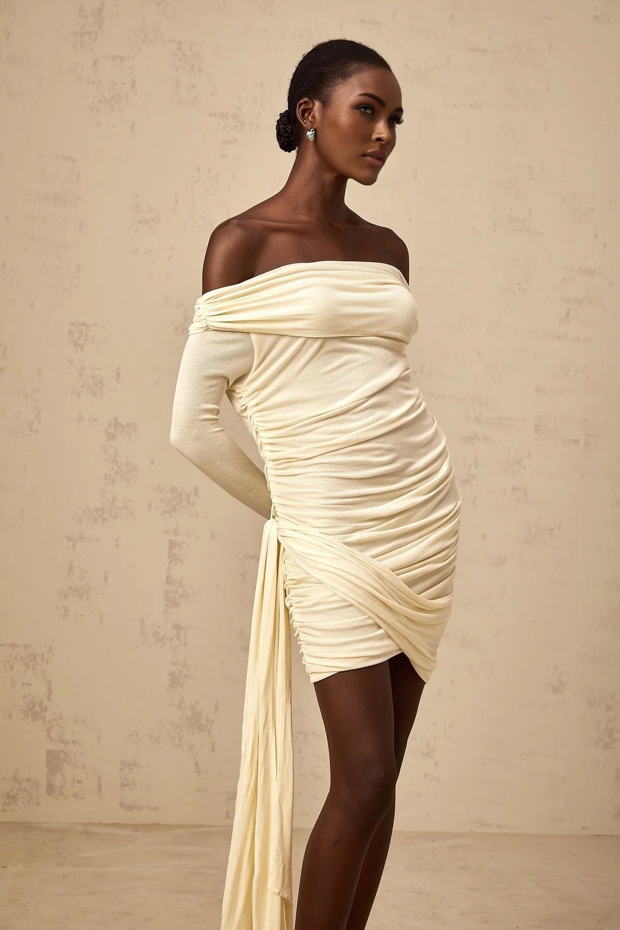 Brianna Mini Dress Cream - White Ribbon Ruched & Fitted