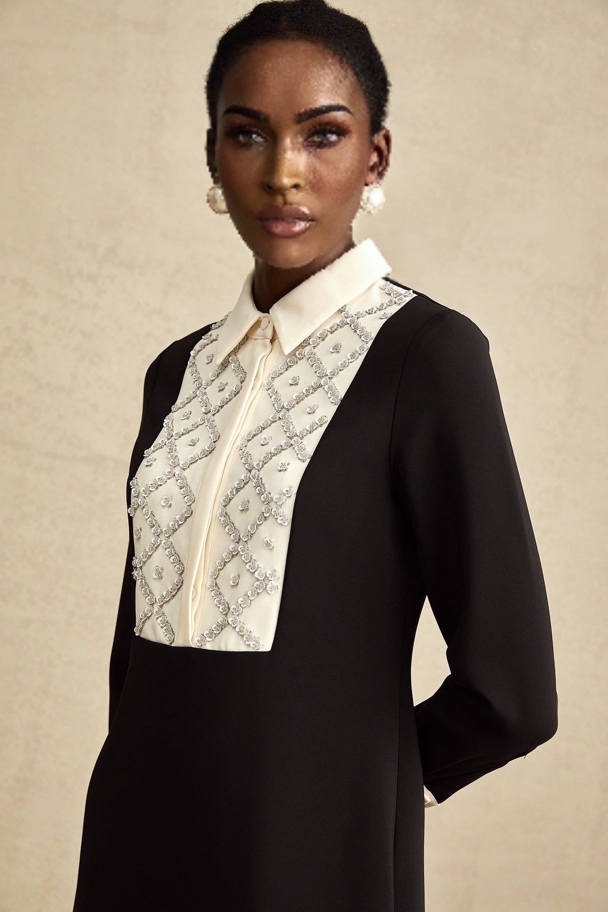 Brianna Mini Dress - Pointed Collar - Long Sleeves - Crystal Embellishment - Contrast Colors