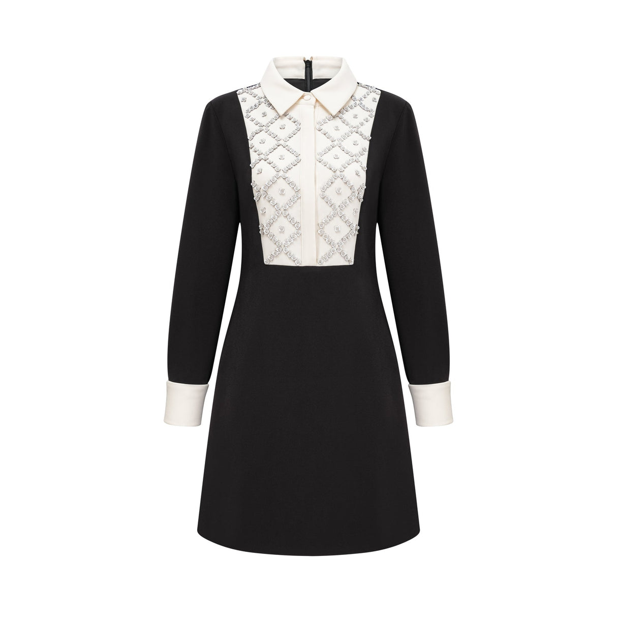 Brianna Mini Dress - Pointed Collar - Long Sleeves - Crystal Embellishment - Contrast Colors