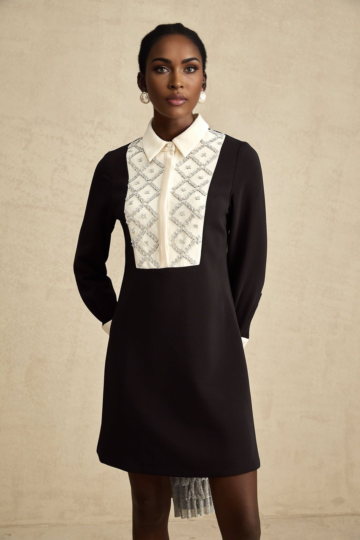 Brianna Mini Dress - Pointed Collar - Long Sleeves - Crystal Embellishment - Contrast Colors