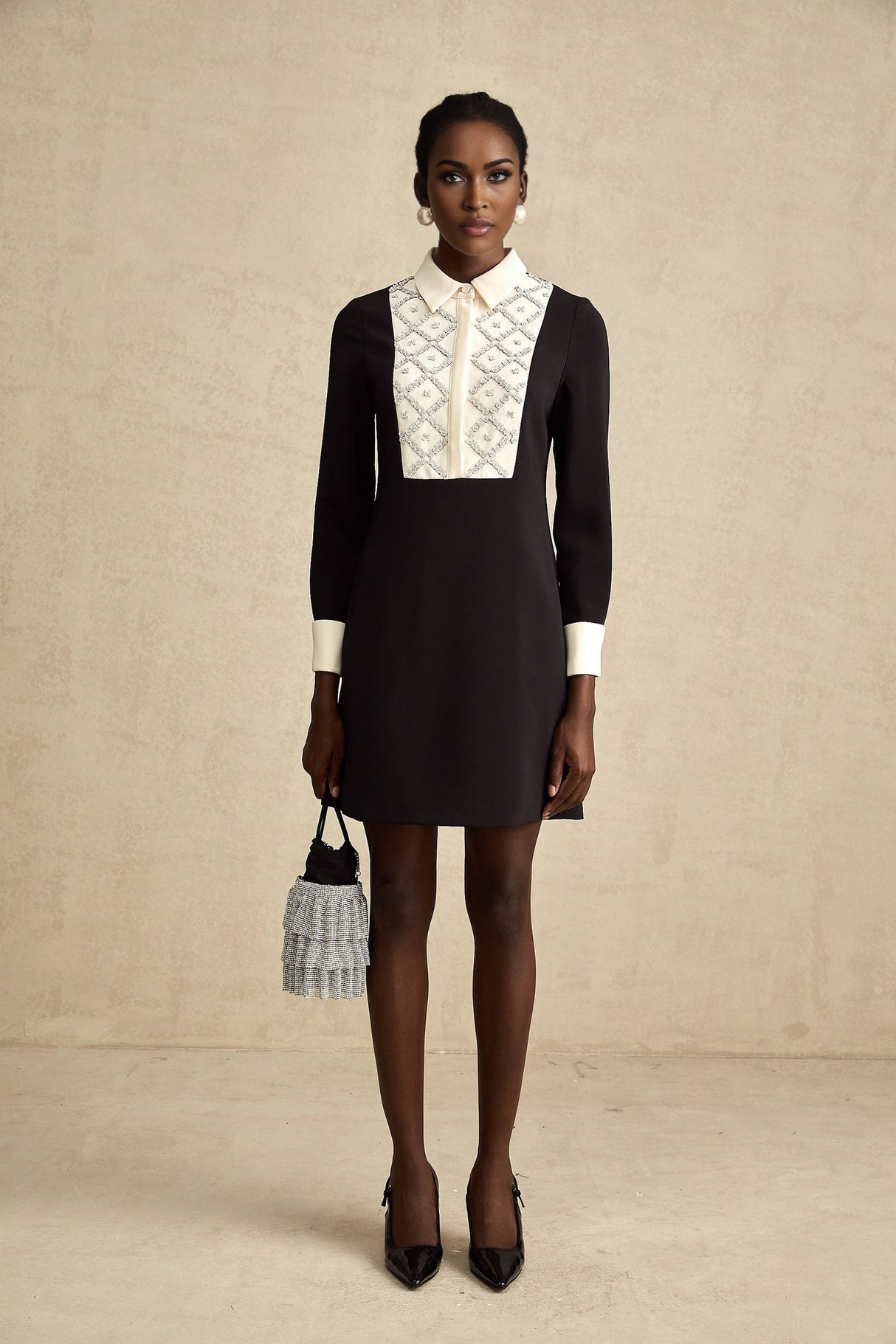 Brianna Mini Dress - Pointed Collar - Long Sleeves - Crystal Embellishment - Contrast Colors