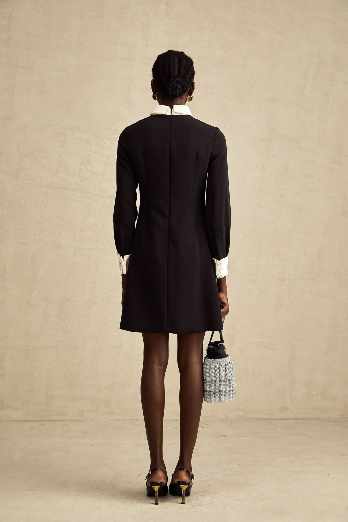 Brianna Mini Dress - Pointed Collar - Long Sleeves - Crystal Embellishment - Contrast Colors