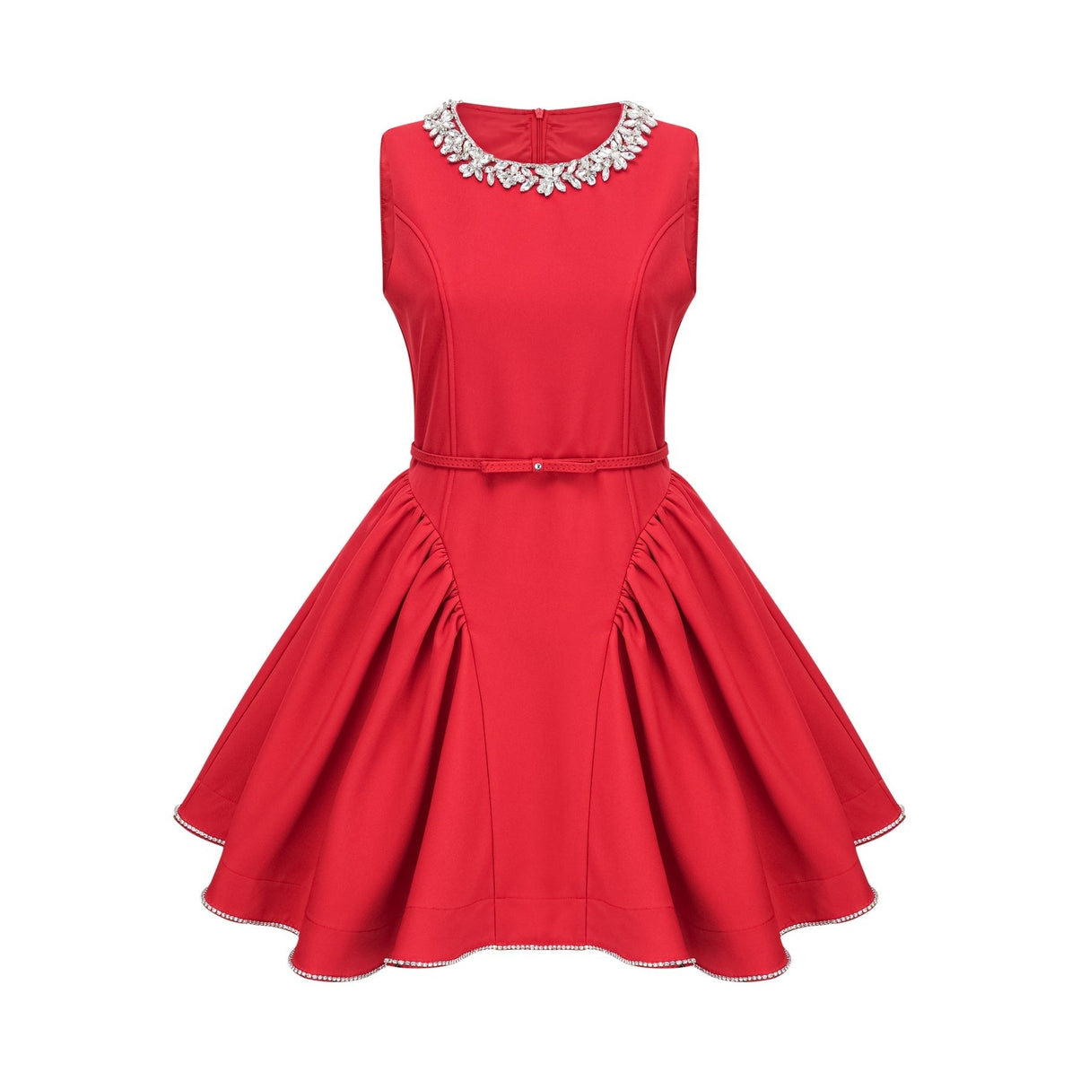 Brianna Mini Dress - Sleeveless - Belted Waist - Crystal Embellishment - Pleated Detailing