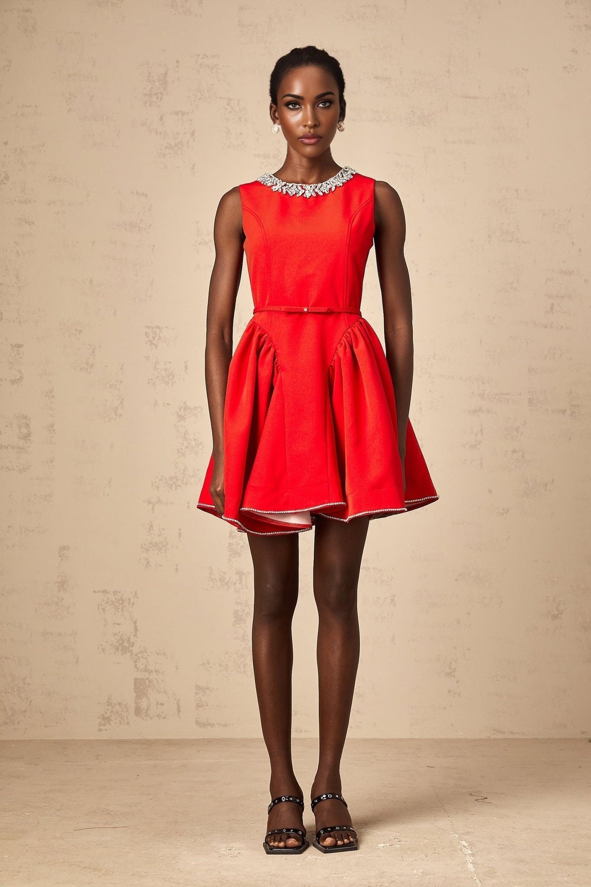 Brianna Mini Dress - Sleeveless - Belted Waist - Crystal Embellishment - Pleated Detailing