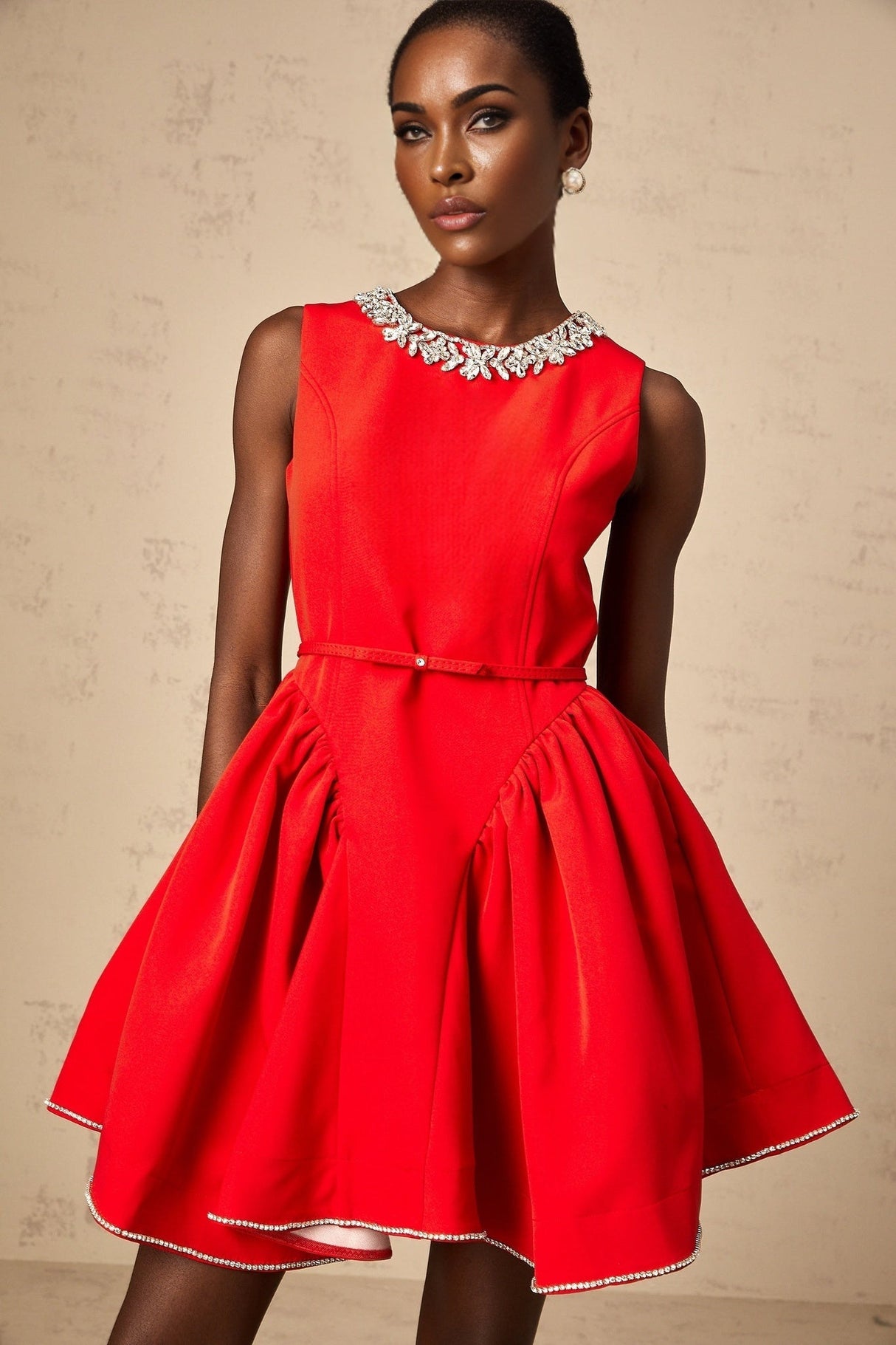 Brianna Mini Dress - Sleeveless - Belted Waist - Crystal Embellishment - Pleated Detailing