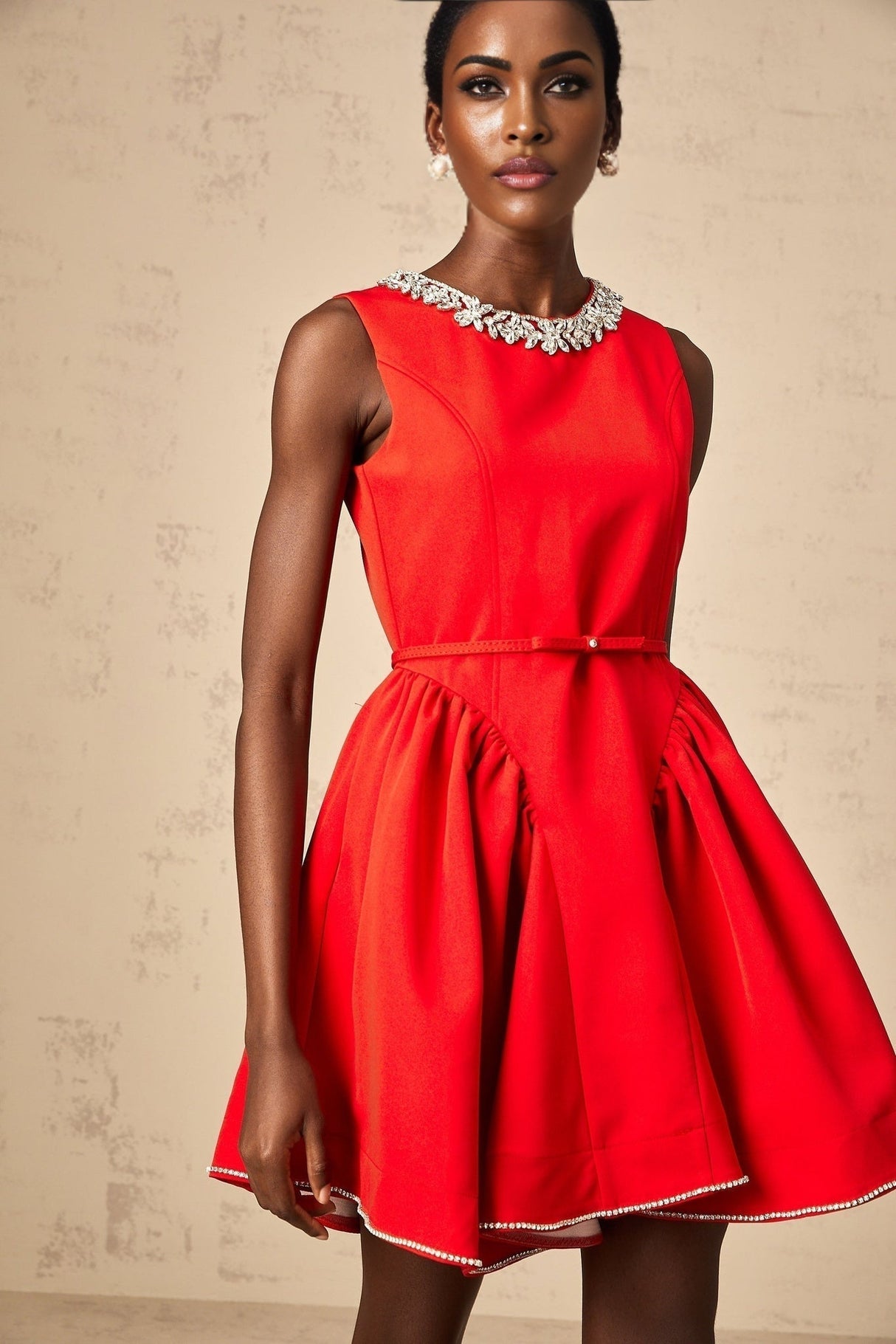 Brianna Mini Dress - Sleeveless - Belted Waist - Crystal Embellishment - Pleated Detailing