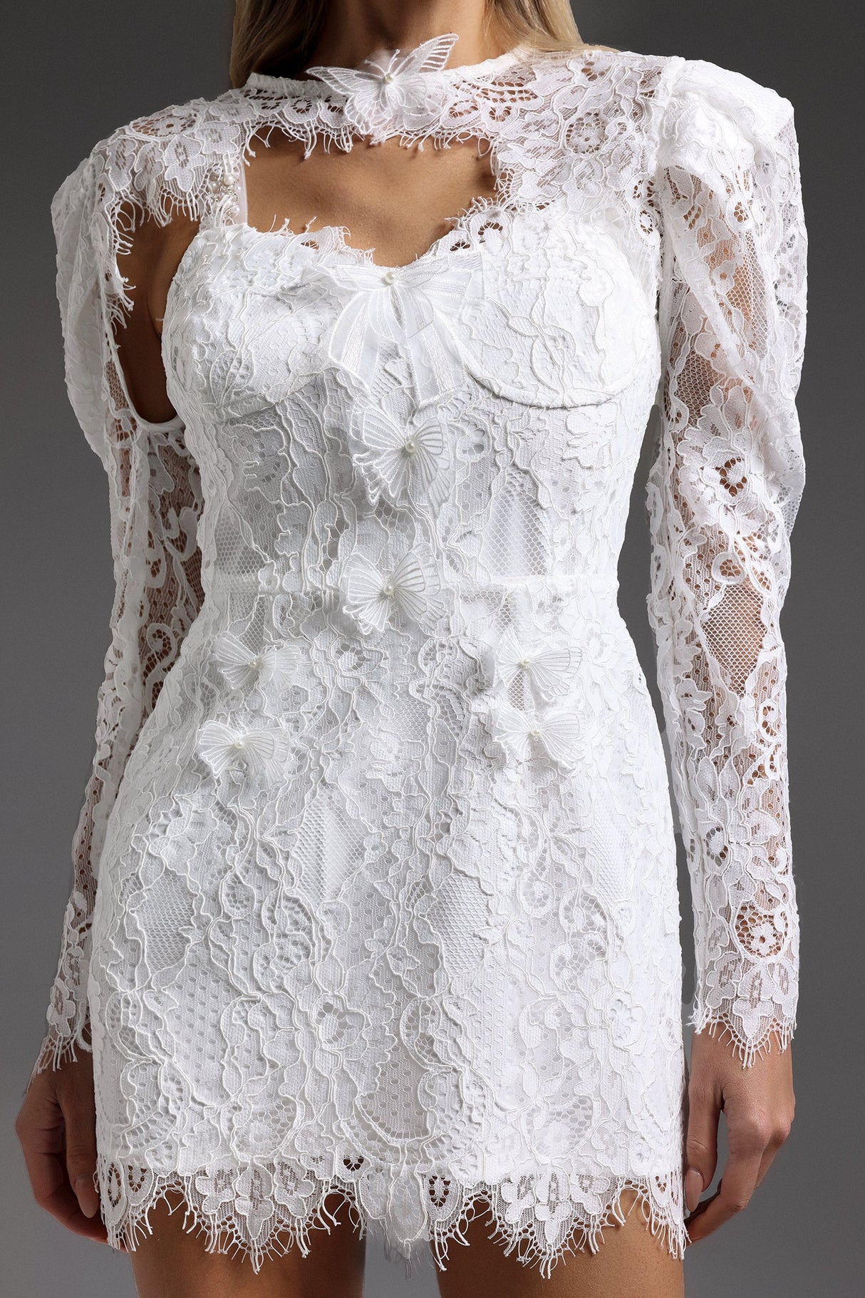 Brianna White Lace Hooded Mini Dress Puff Sleeves Floral Patterns Body-Hugging Fit