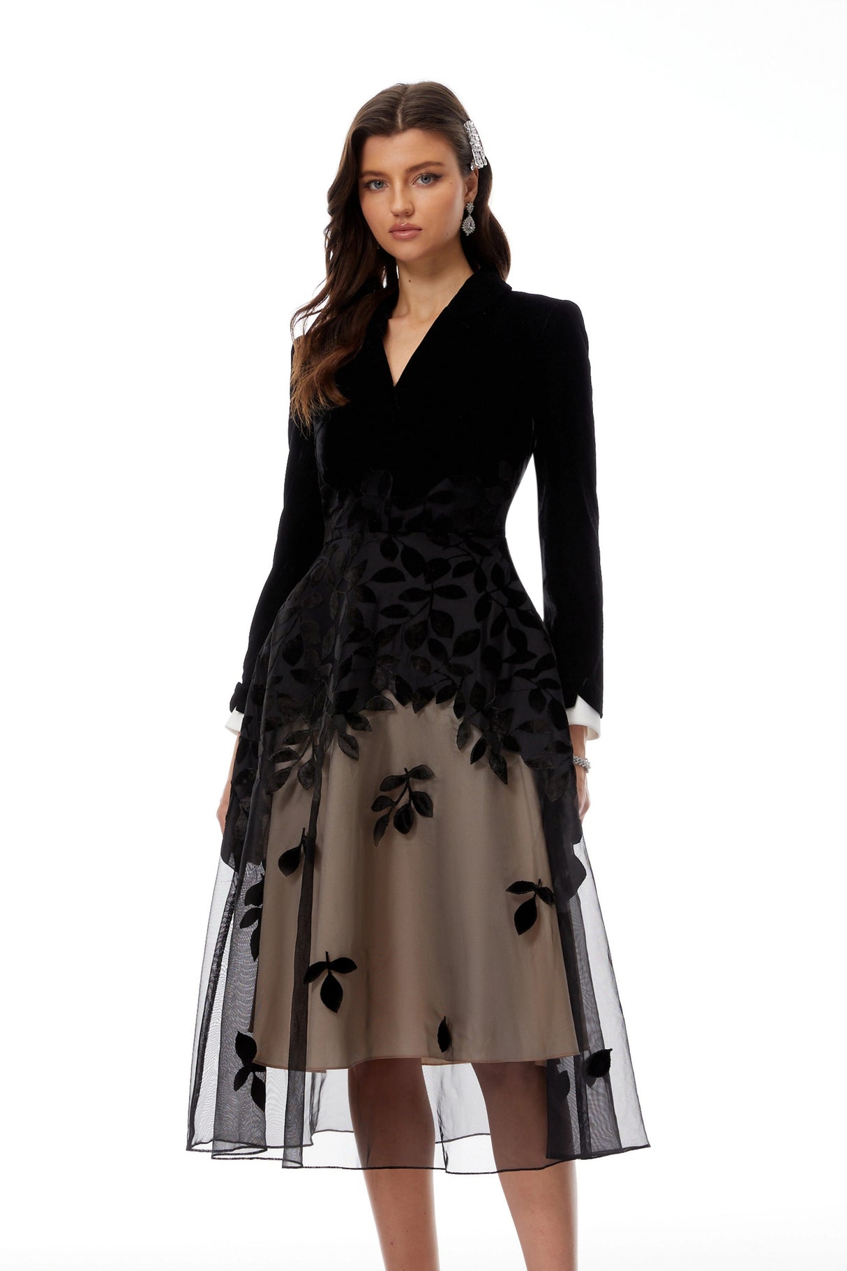 Brielle Black Leaf Embroidered Velvet Midi Dress