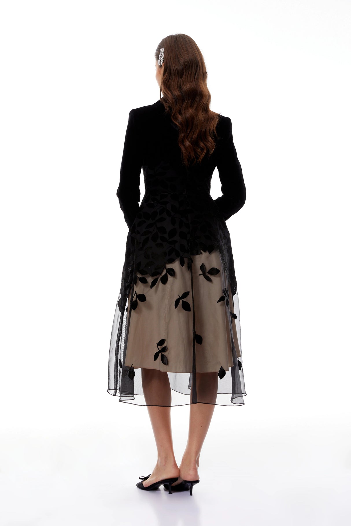 Brielle Black Leaf Embroidered Velvet Midi Dress