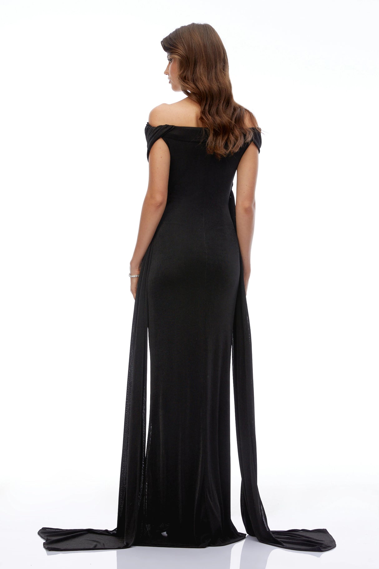 Brielle Black Off Shoulder Ruched Maxi Dress