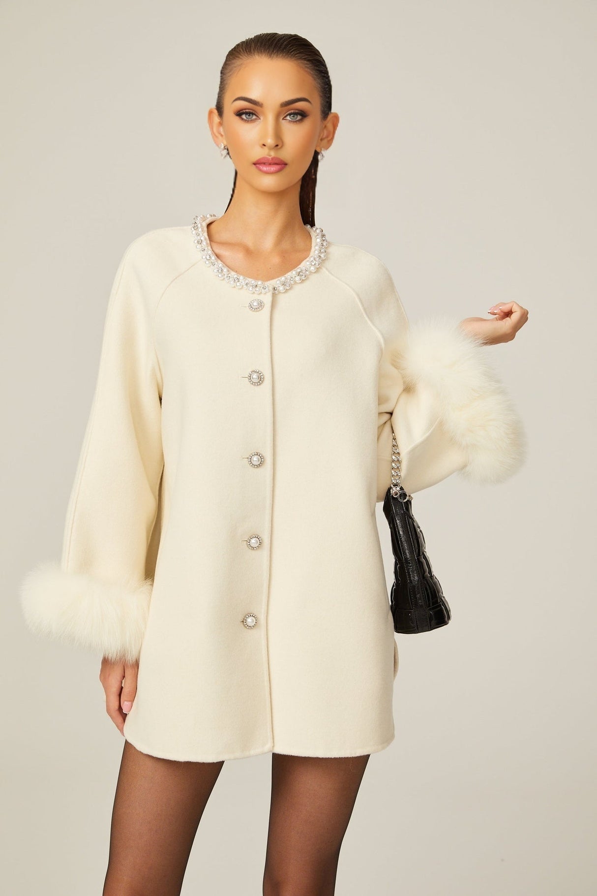 Brielle Coat - Long Sleeves - Faux - Fur Crystal & Pearl Embellishments - Front Button Fastening