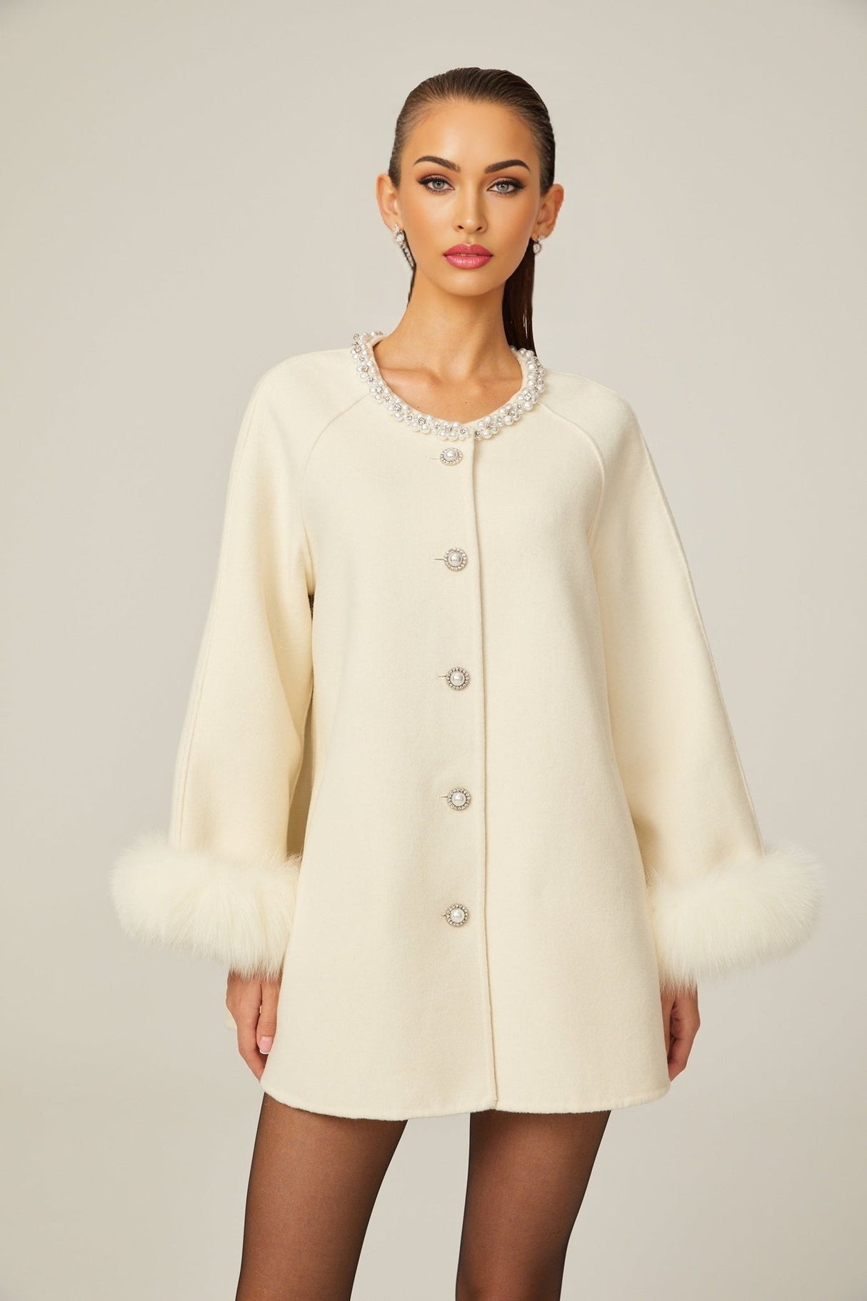 Brielle Coat - Long Sleeves - Faux - Fur Crystal & Pearl Embellishments - Front Button Fastening