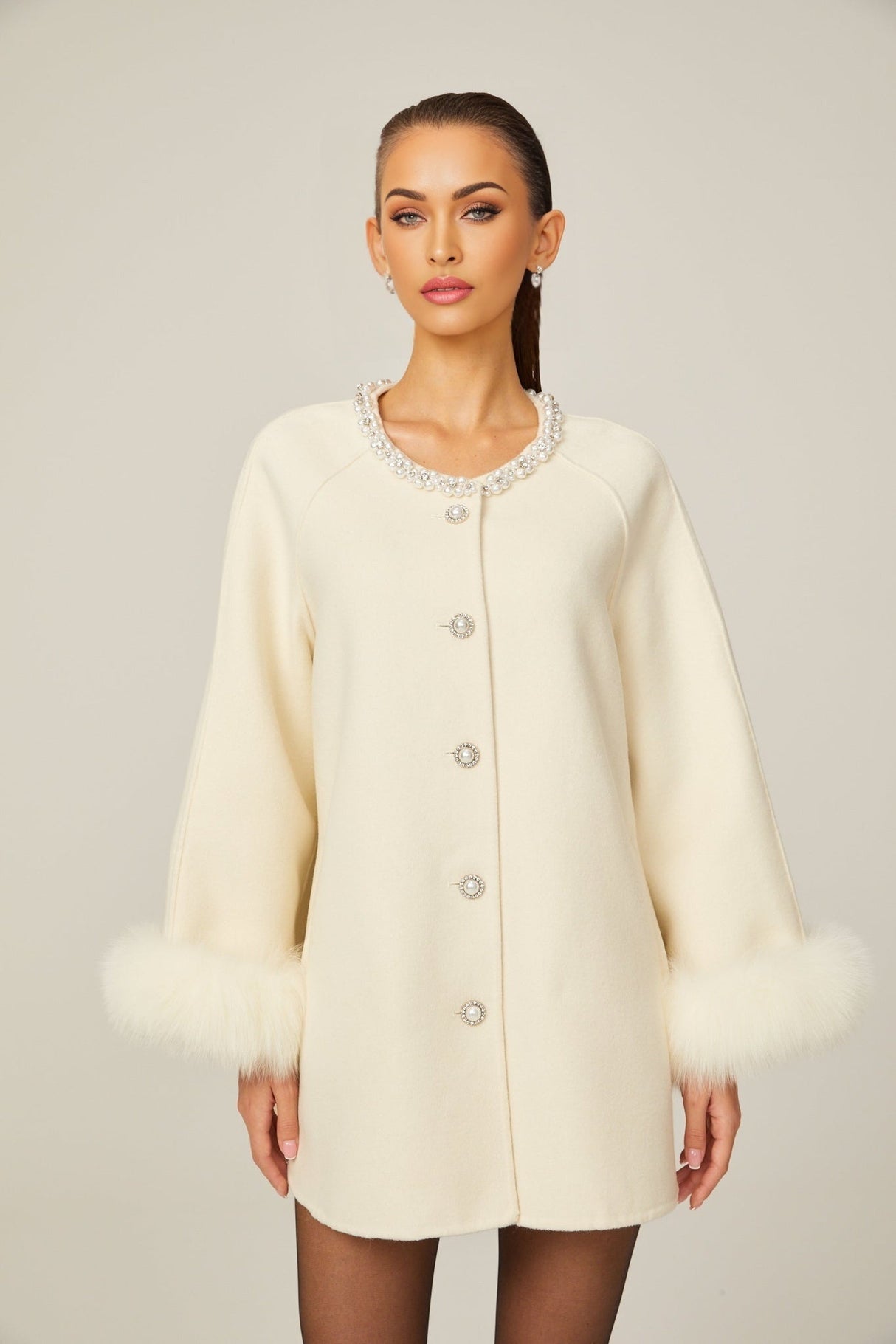 Brielle Coat - Long Sleeves - Faux - Fur Crystal & Pearl Embellishments - Front Button Fastening