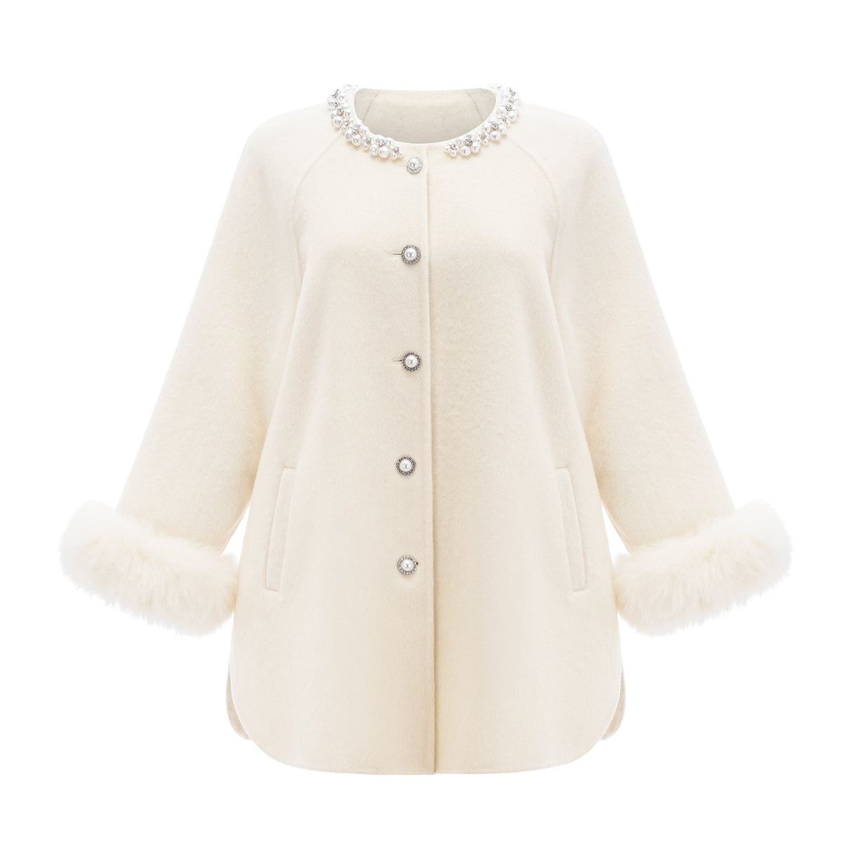 Brielle Coat - Long Sleeves - Faux - Fur Crystal & Pearl Embellishments - Front Button Fastening