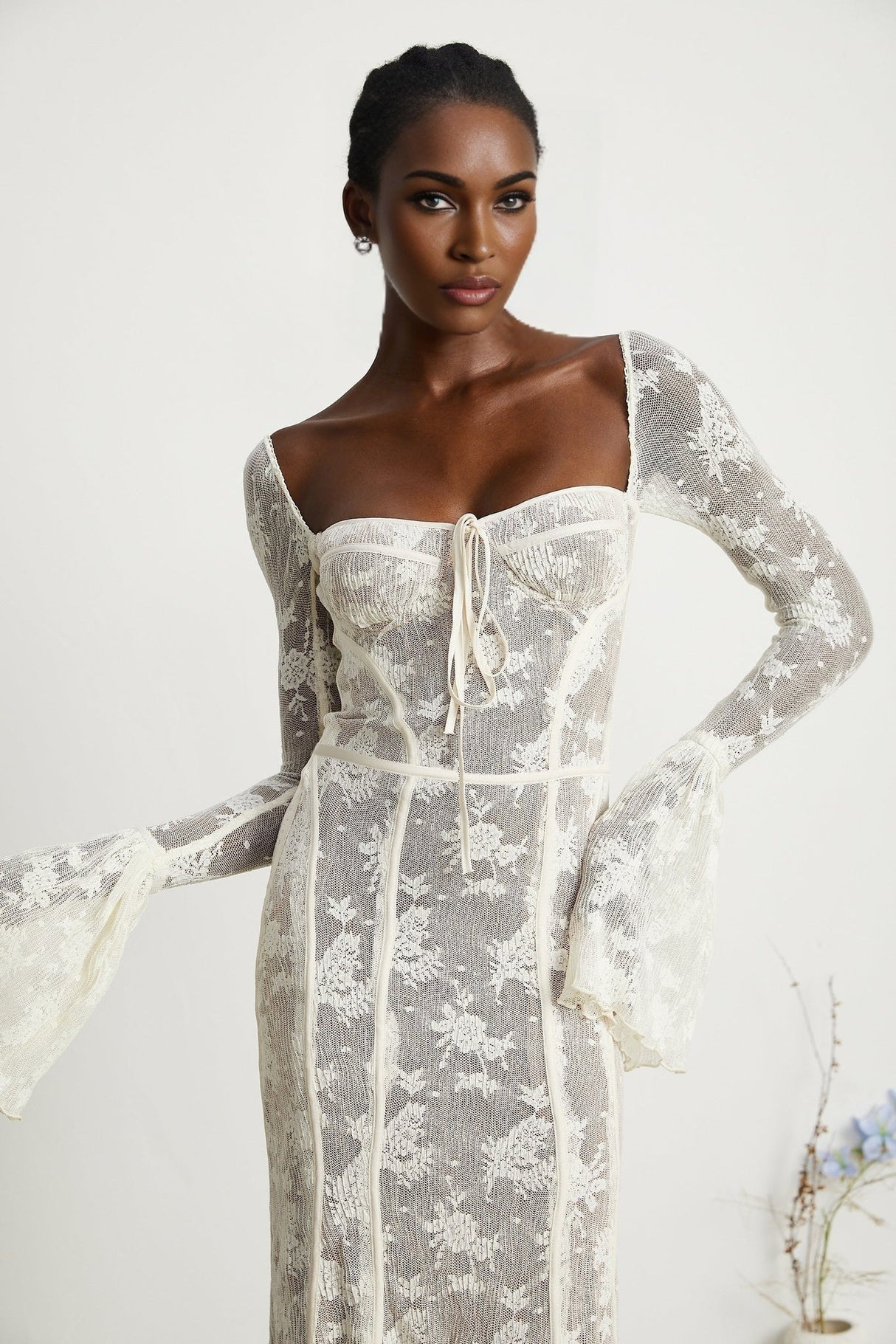 Brielle Maxi Dress - Square Neck - Lace Detailing - Bustier Style - Flared Cuffs - Front Tie & Rear Zip Fastening