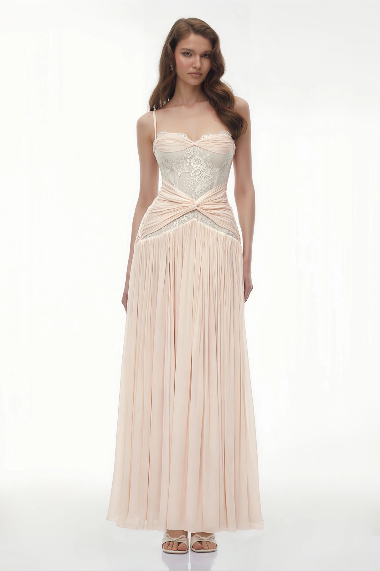 Brigitte Cream White Ruched Maxi Dress with Lace Panels
