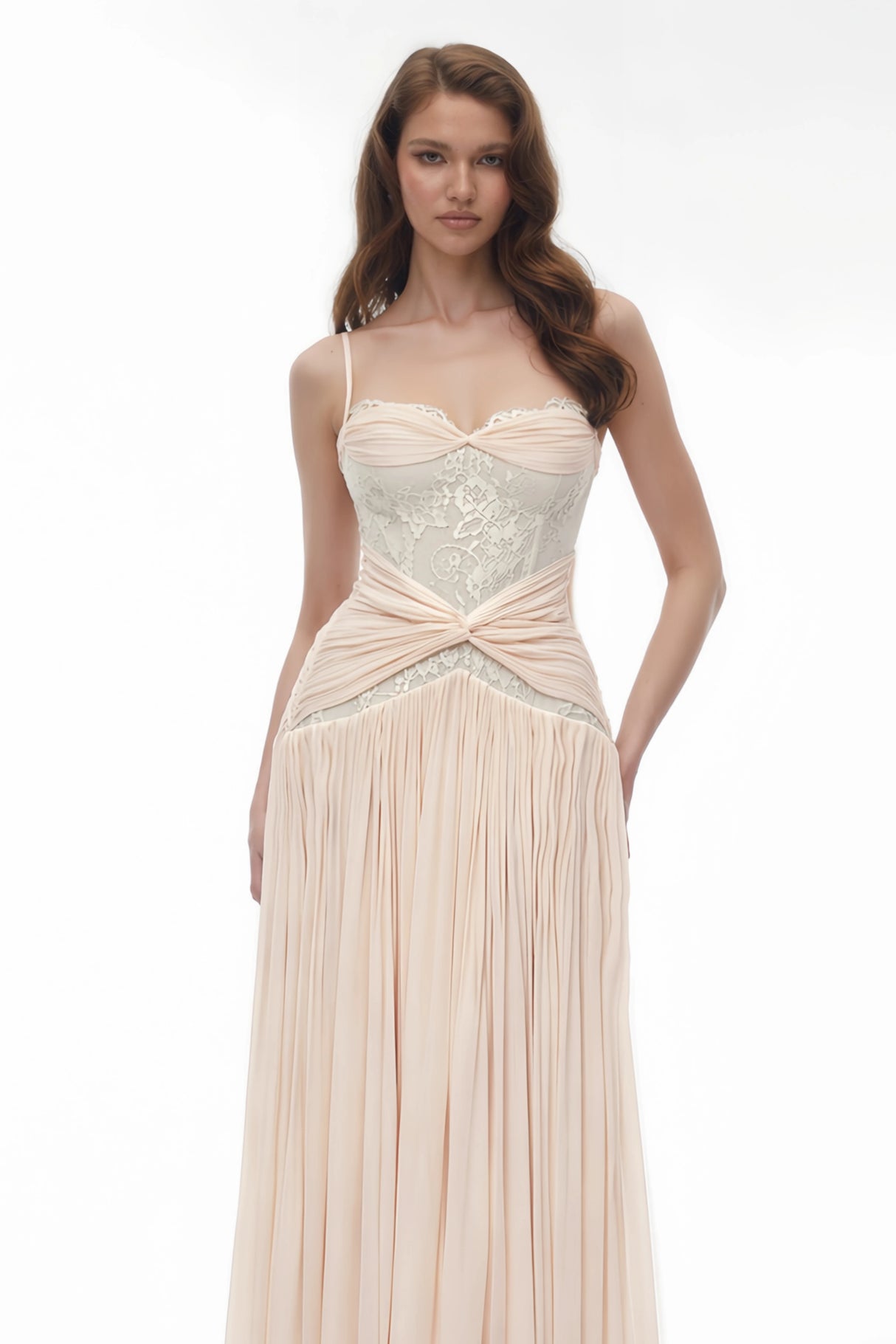 Brigitte Cream White Ruched Maxi Dress with Lace Panels
