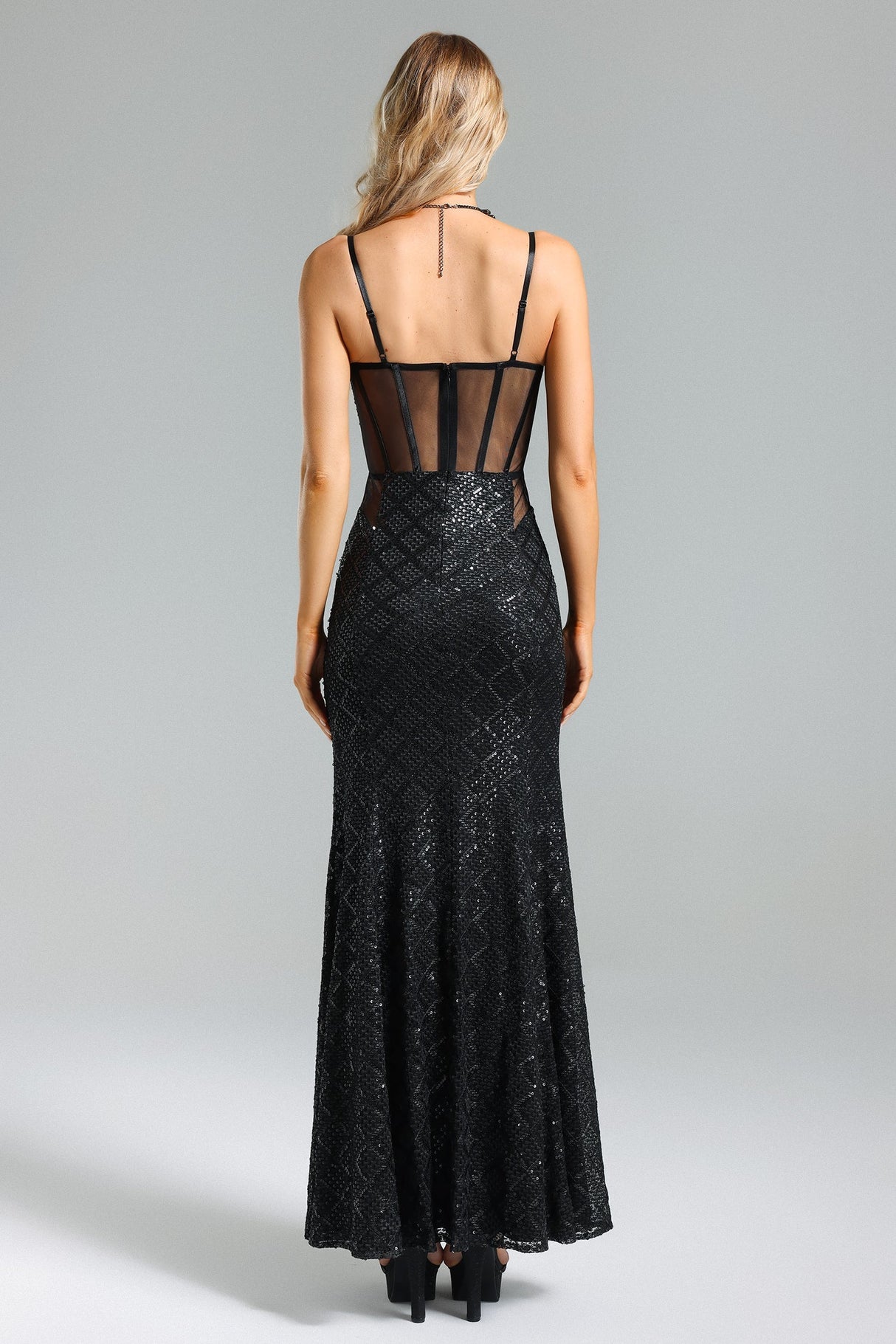 Brinley Black Mesh Overlay Sequin Maxi Dress for Women