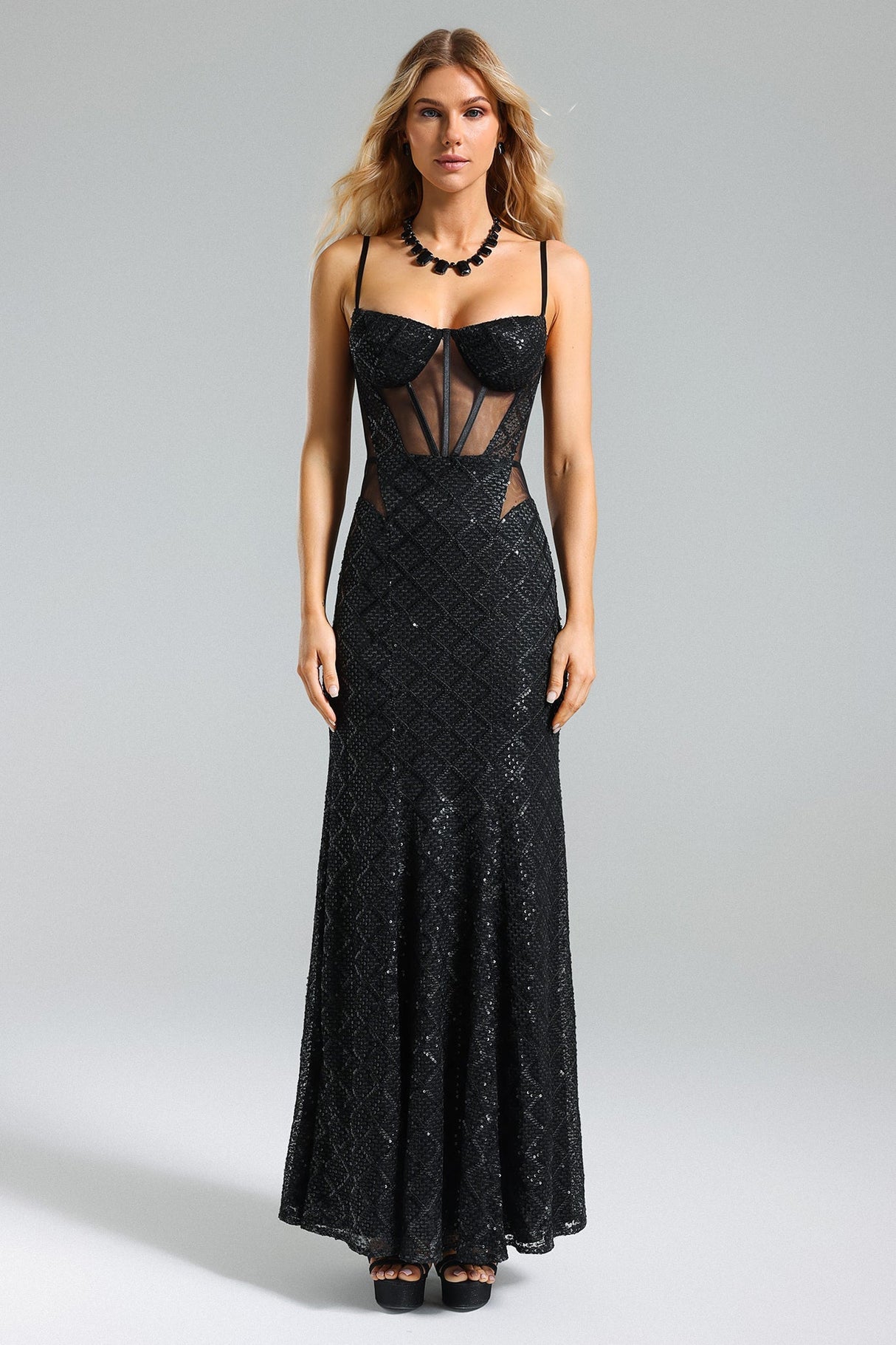 Brinley Black Sequin Mesh Maxi Dress