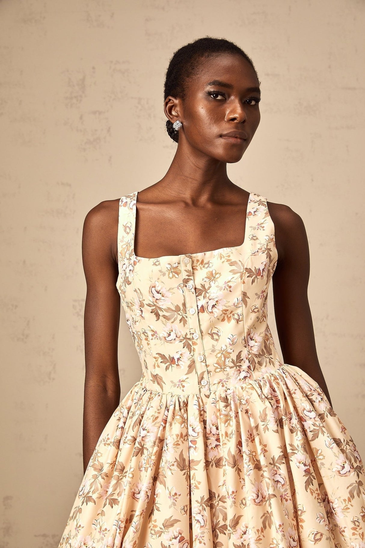 Brinley Floral Midi Dress - Sleeveless Square Neck - Front Pleat Detailing - Stylish Front Slit - Button & Side Zip Fastening