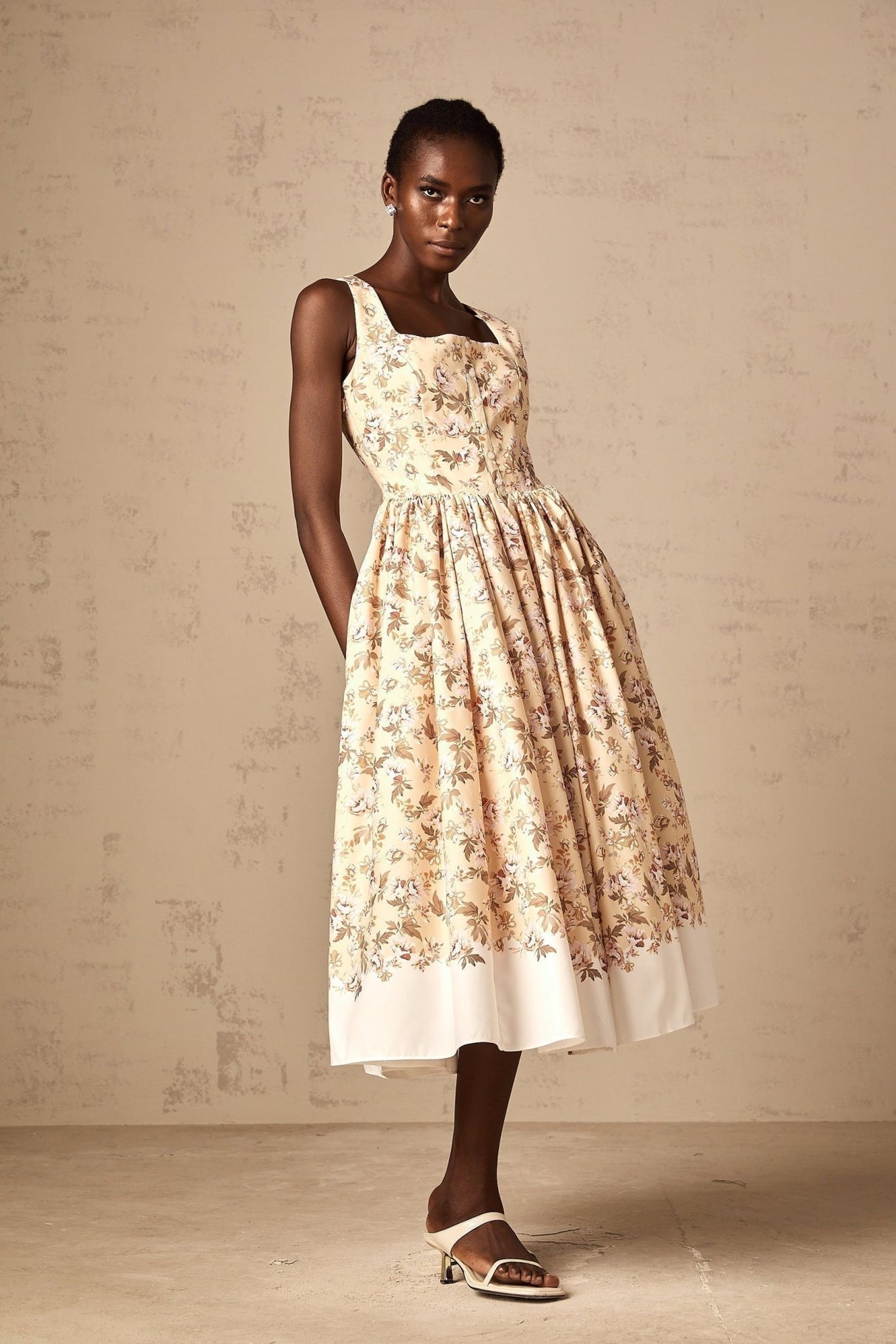 Brinley Floral Midi Dress - Sleeveless Square Neck - Front Pleat Detailing - Stylish Front Slit - Button & Side Zip Fastening