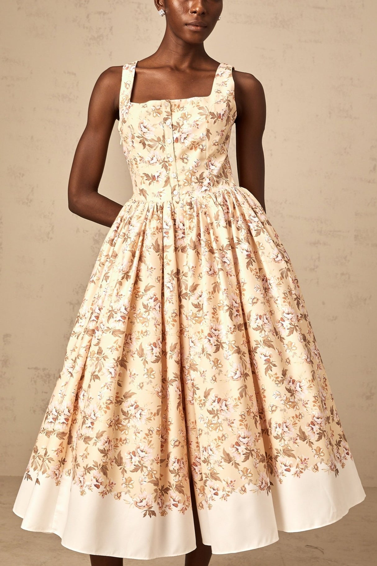 Brinley Floral Midi Dress - Sleeveless Square Neck - Front Pleat Detailing - Stylish Front Slit - Button & Side Zip Fastening