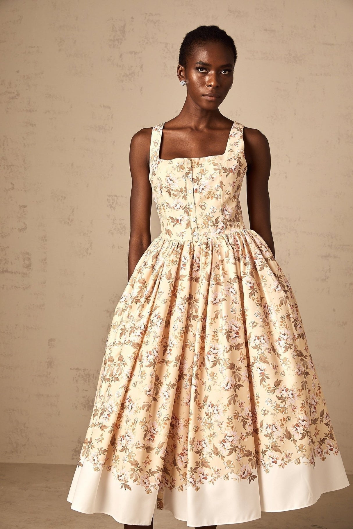 Brinley Floral Midi Dress - Sleeveless Square Neck - Front Pleat Detailing - Stylish Front Slit - Button & Side Zip Fastening