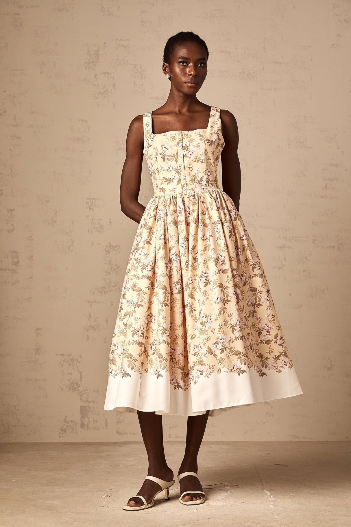 Brinley Floral Midi Dress - Sleeveless Square Neck - Front Pleat Detailing - Stylish Front Slit - Button & Side Zip Fastening
