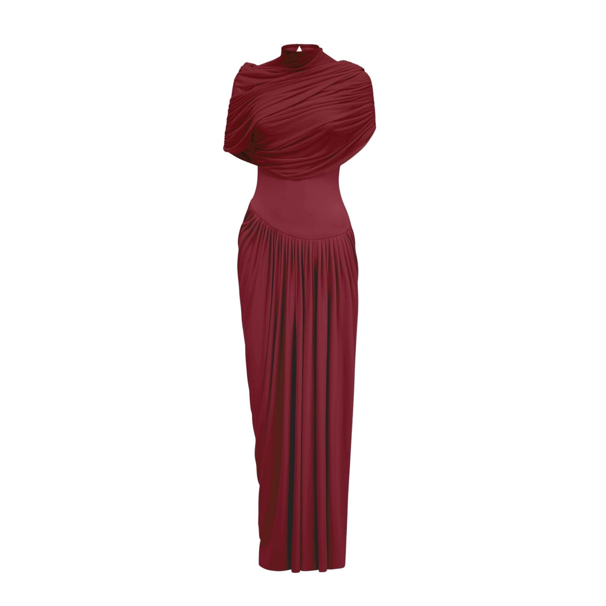 Brinley Maxi Dress - Crew Neck - Sleeveless - Asymmetrical Design with Pleats - Includes Unique Shawl