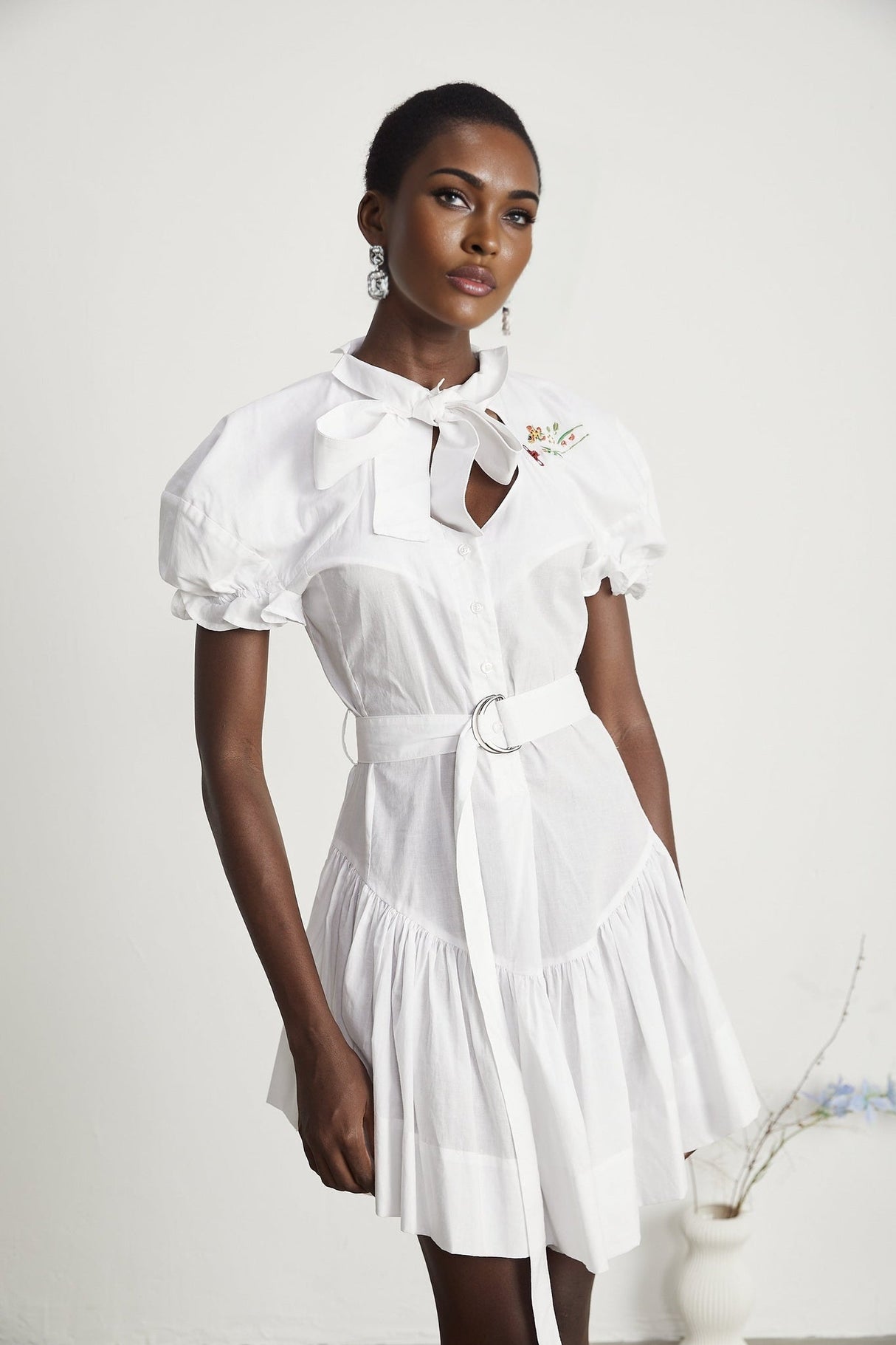 Brinley Mini Dress - Poplin Texture - Sweetheart Neck - Puff Sleeves - Floral Embroidery