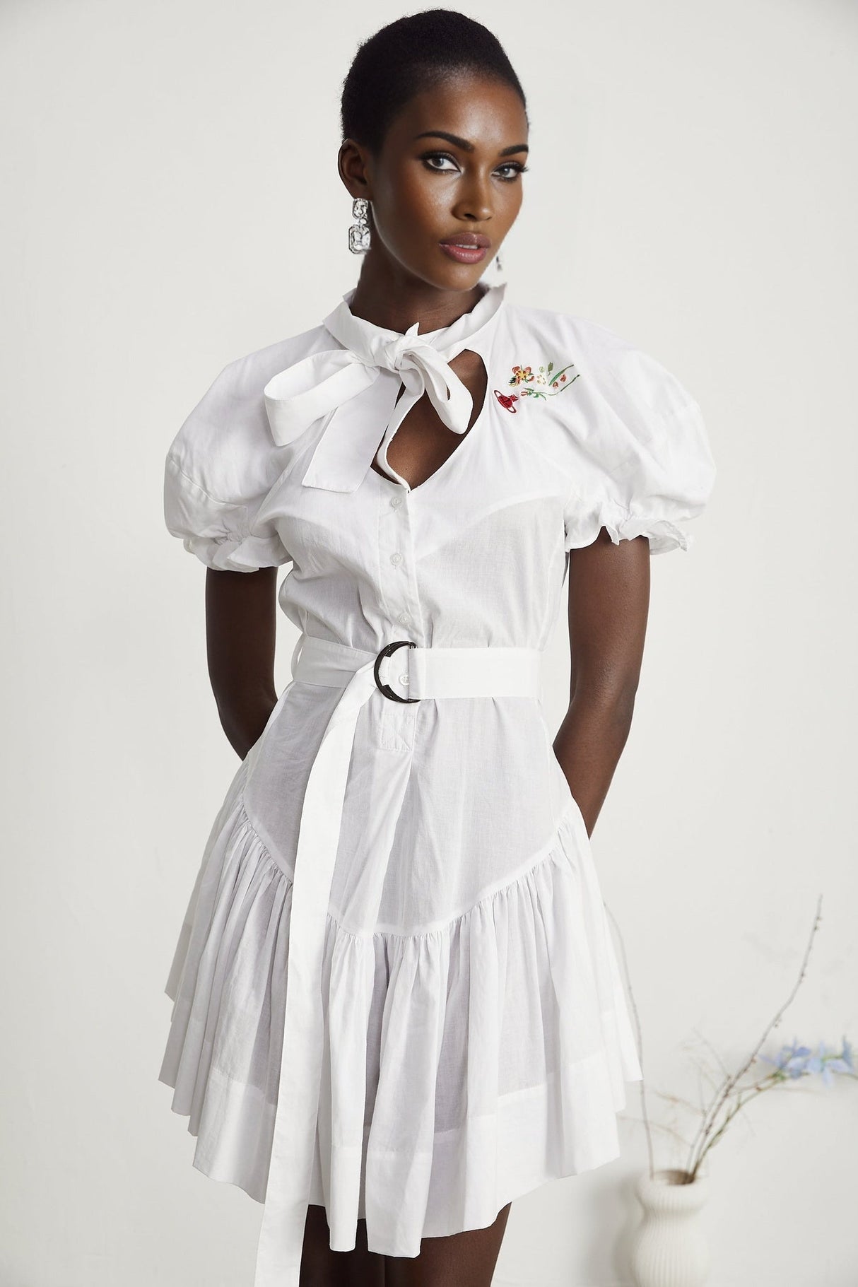 Brinley Mini Dress - Poplin Texture - Sweetheart Neck - Puff Sleeves - Floral Embroidery