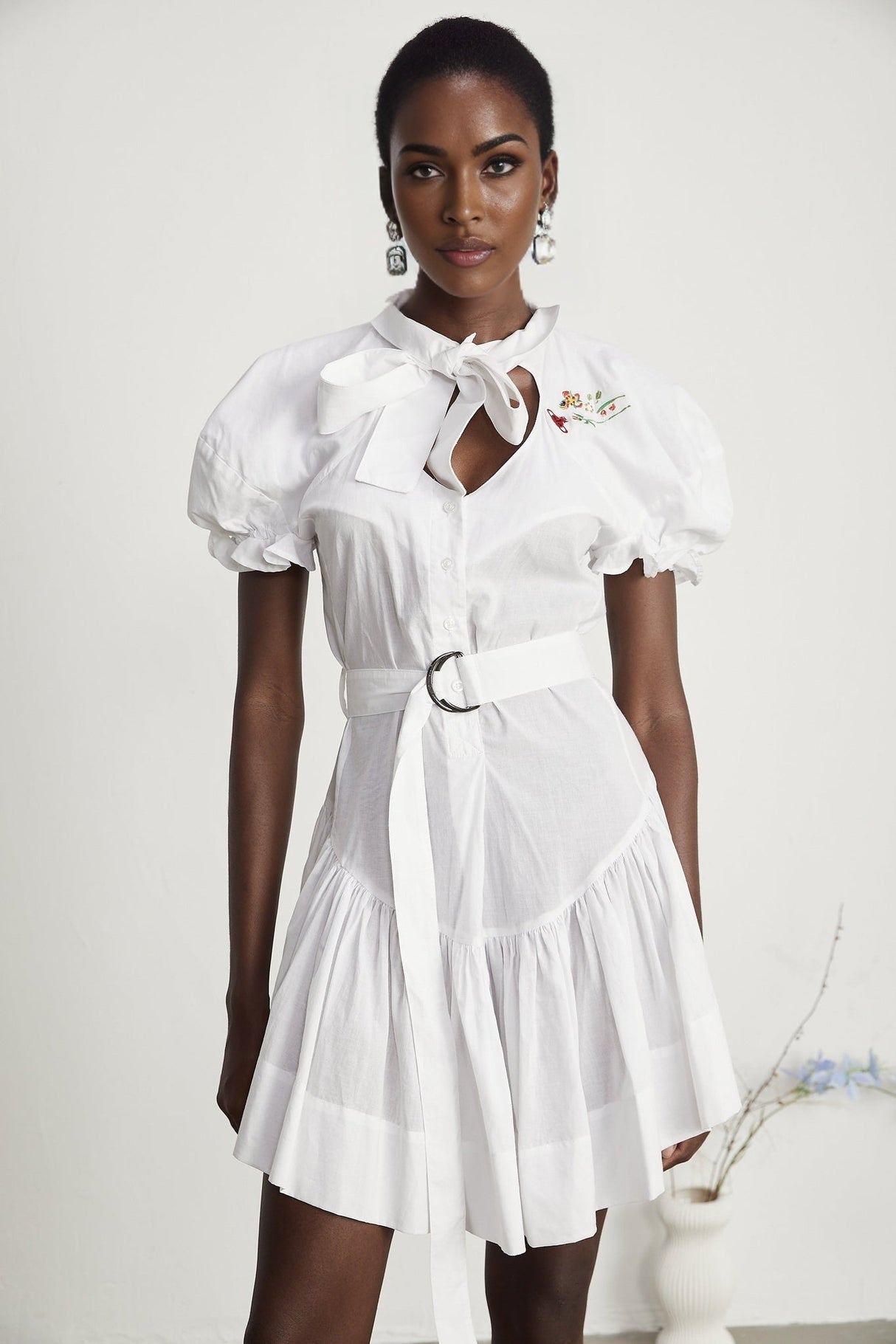 Brinley Mini Dress - Poplin Texture - Sweetheart Neck - Puff Sleeves - Floral Embroidery