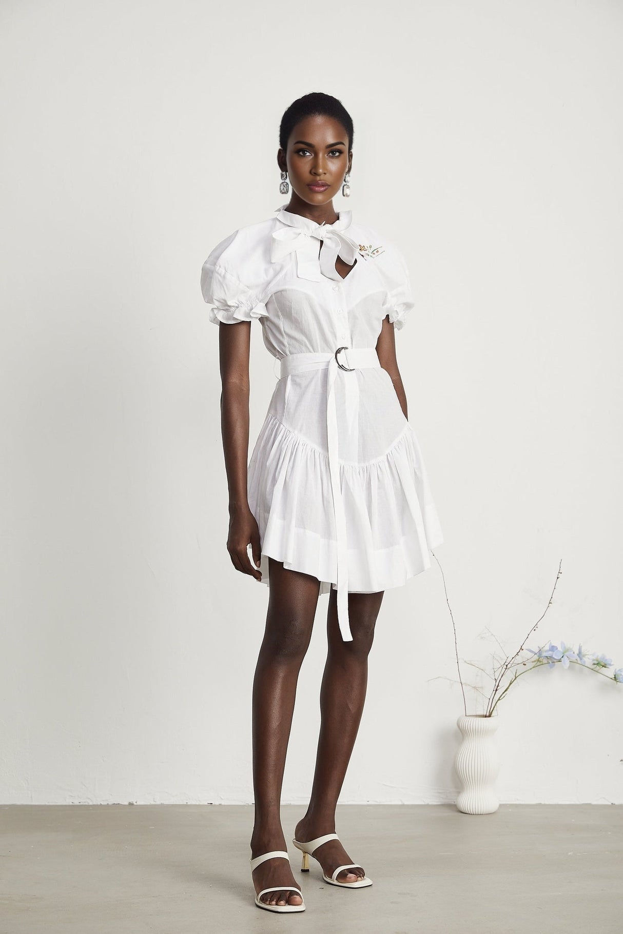 Brinley Mini Dress - Poplin Texture - Sweetheart Neck - Puff Sleeves - Floral Embroidery