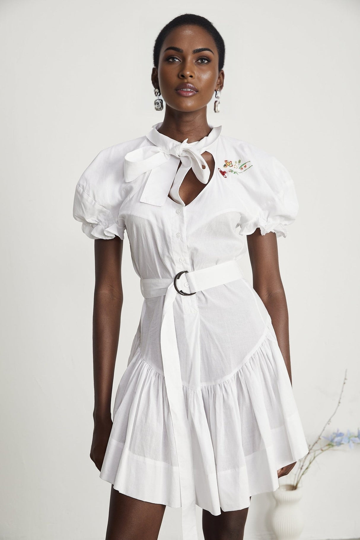 Brinley Mini Dress - Poplin Texture - Sweetheart Neck - Puff Sleeves - Floral Embroidery