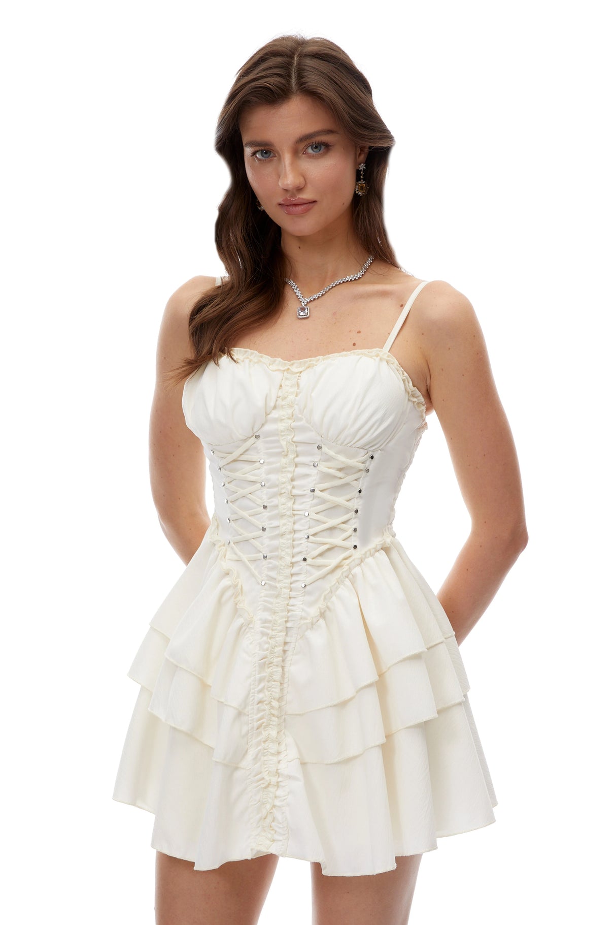 Briony Cream LaceUp Ruffled Mini Dress