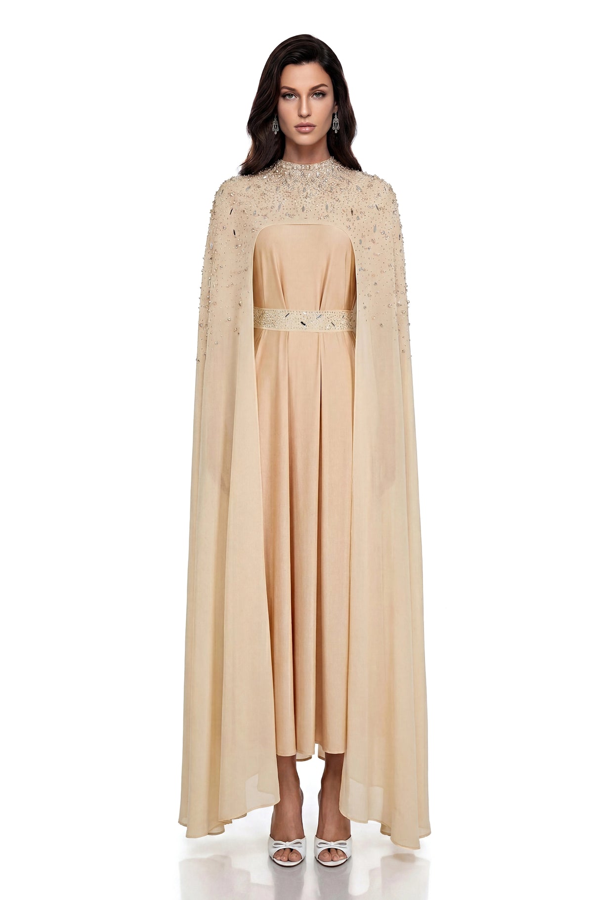 Briseis Champagne Rhinestone Beaded Cape Maxi Dress