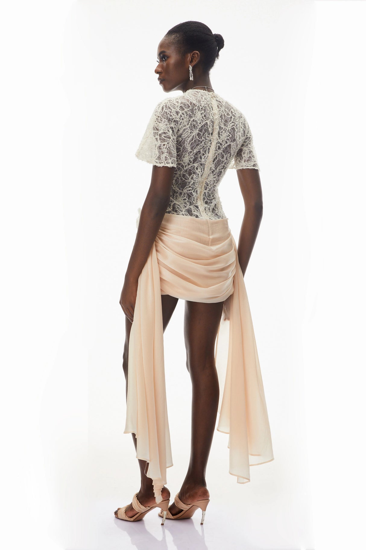 Briseis Neutral Satin Mini Dress with Floral Lace