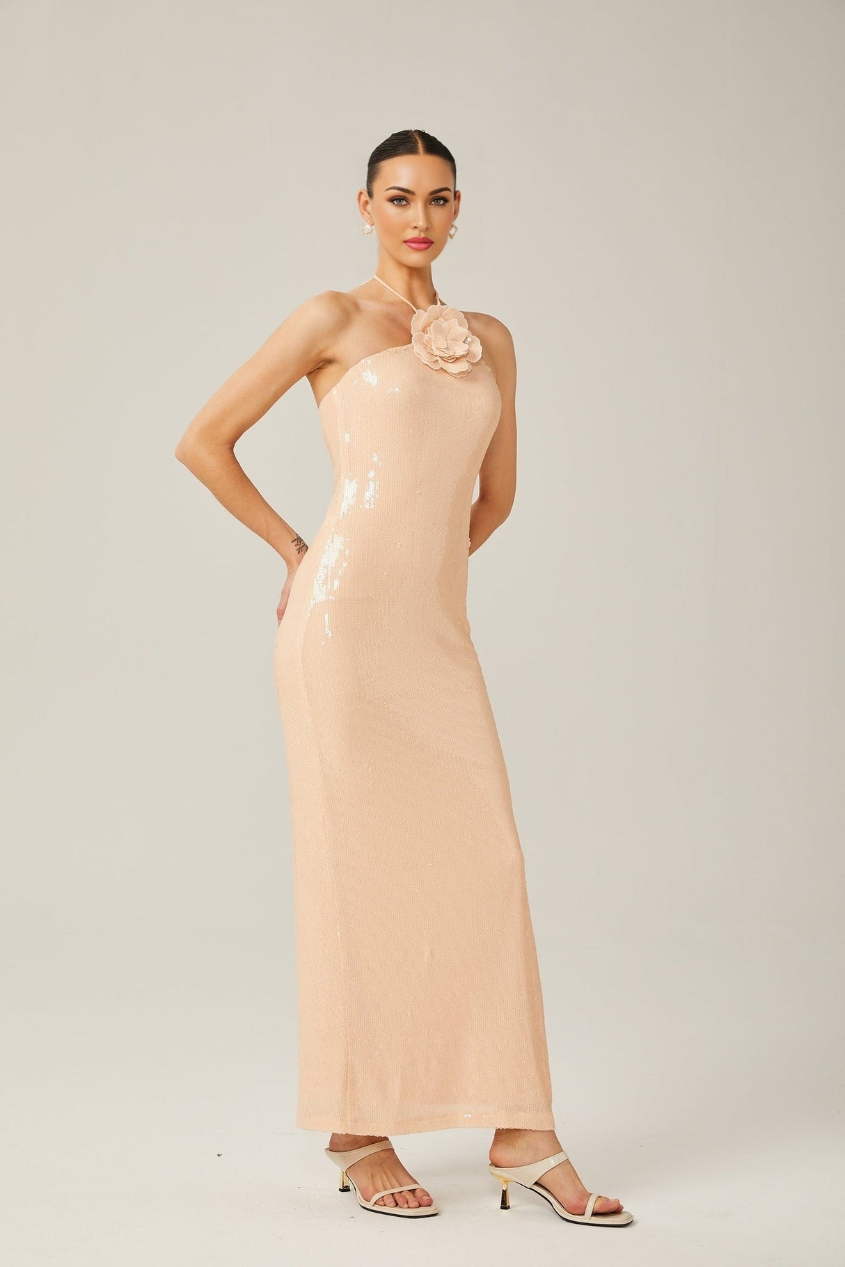 Bristol Maxi Dress - Halterneck Tie Fastening - Sequin Embellishment - Floral Appliqué - Side Slit Design