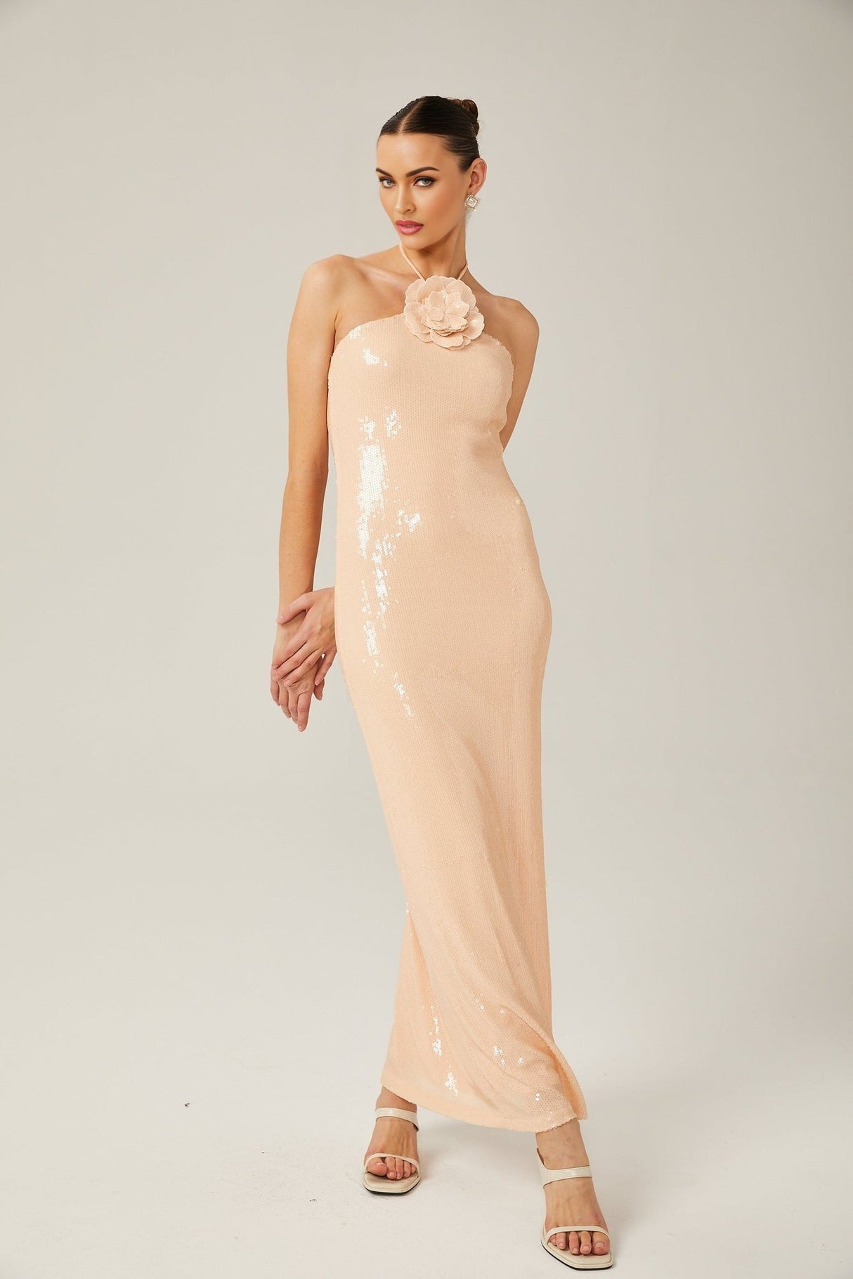 Bristol Maxi Dress - Halterneck Tie Fastening - Sequin Embellishment - Floral Appliqué - Side Slit Design
