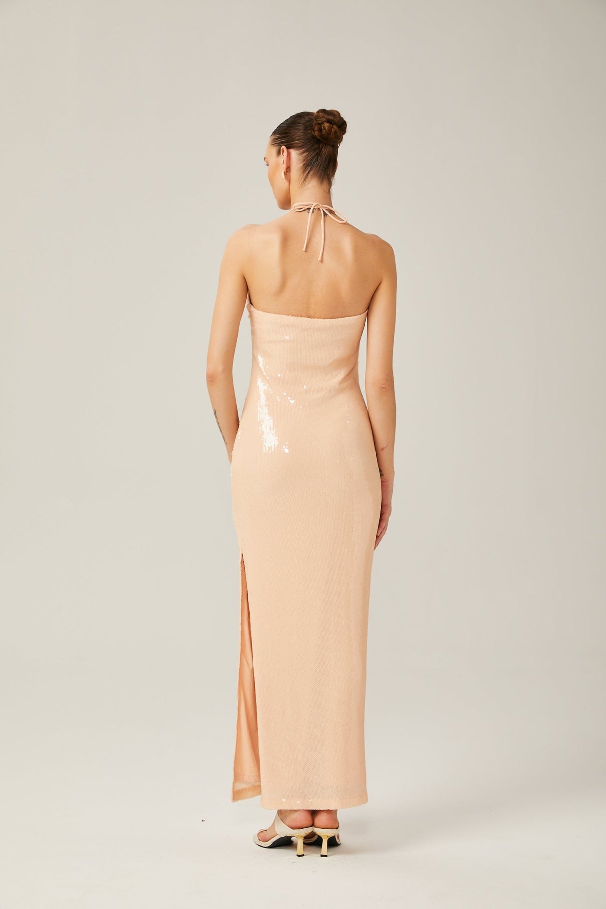 Bristol Maxi Dress - Halterneck Tie Fastening - Sequin Embellishment - Floral Appliqué - Side Slit Design