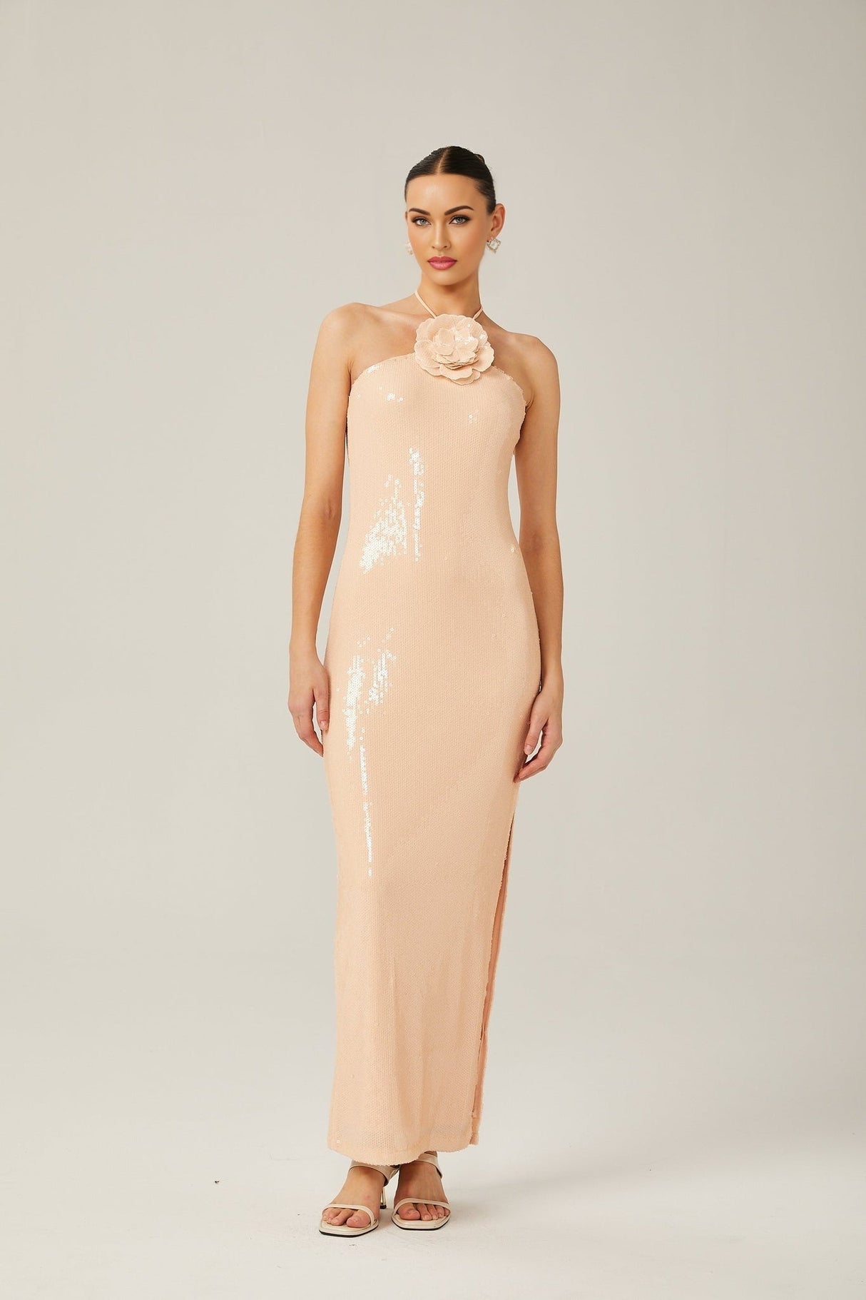Bristol Maxi Dress - Halterneck Tie Fastening - Sequin Embellishment - Floral Appliqué - Side Slit Design
