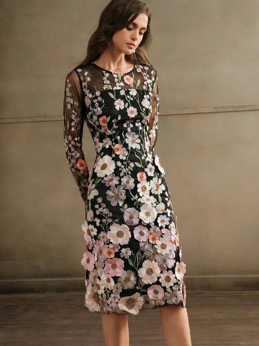 Bristol Midi Dress - Elegant Style - Floral Print - Long Sleeve - Fitted - Beach Occasion