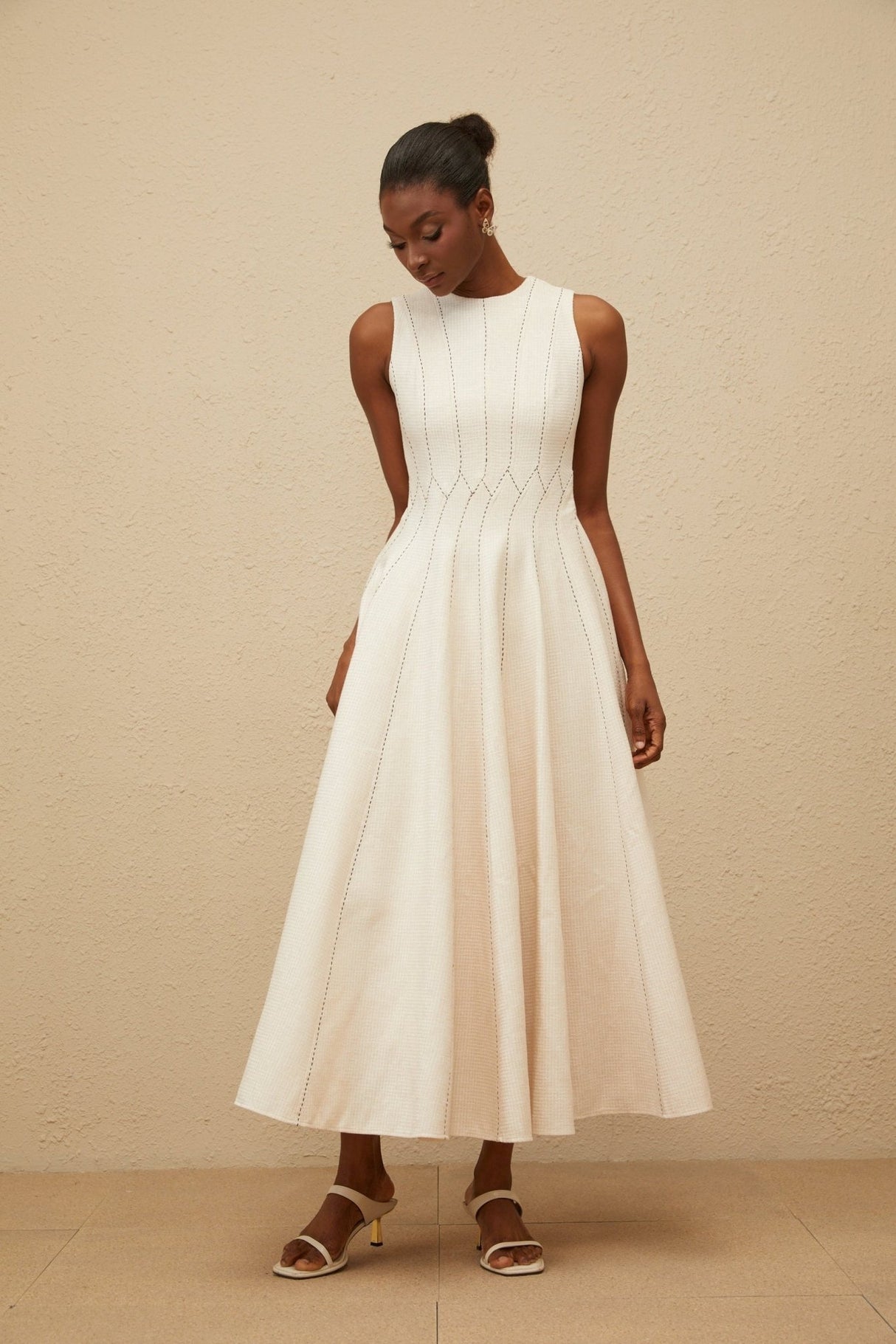 Bristol Midi Dress - Sleeveless - Fitted Waistline - Textured Finish - Shirred Effect - Rear Button Fastening