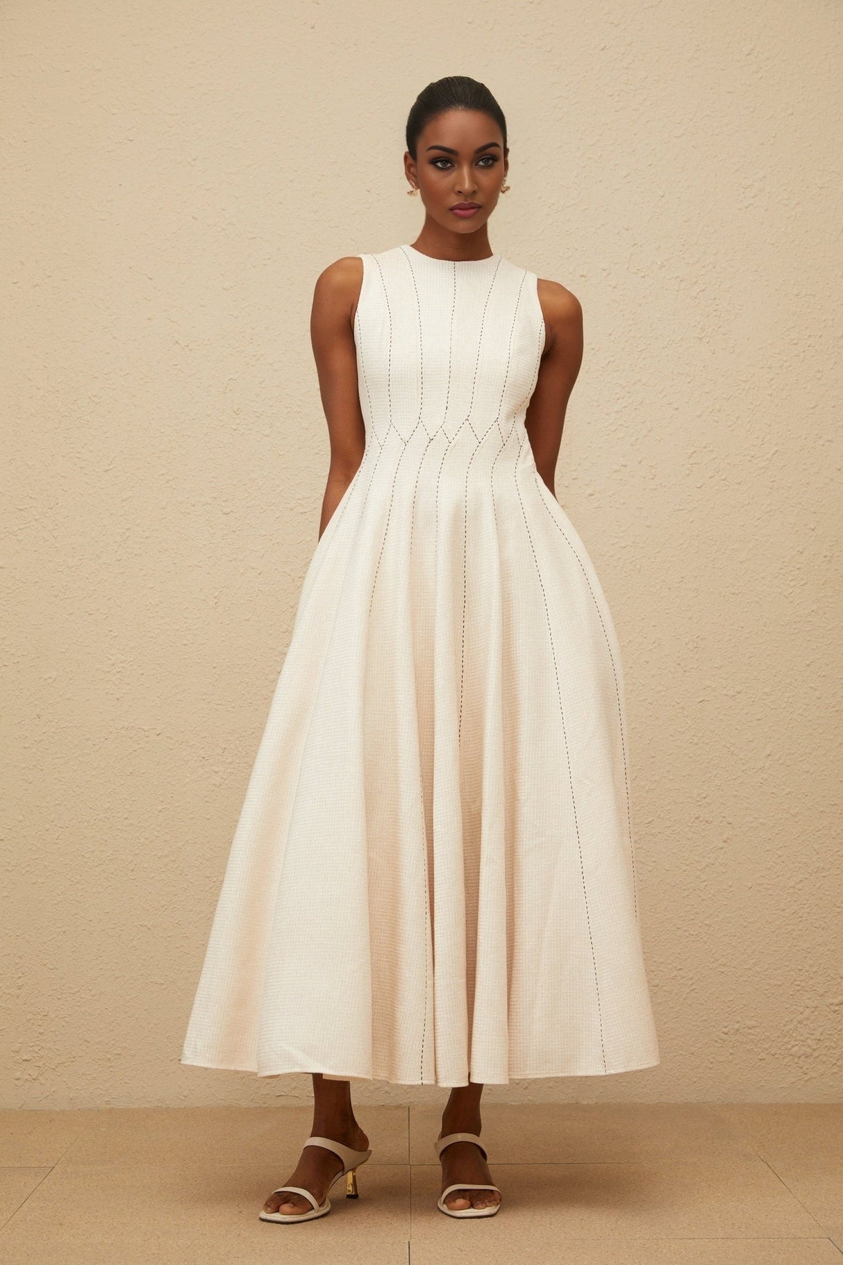 Bristol Midi Dress - Sleeveless - Fitted Waistline - Textured Finish - Shirred Effect - Rear Button Fastening