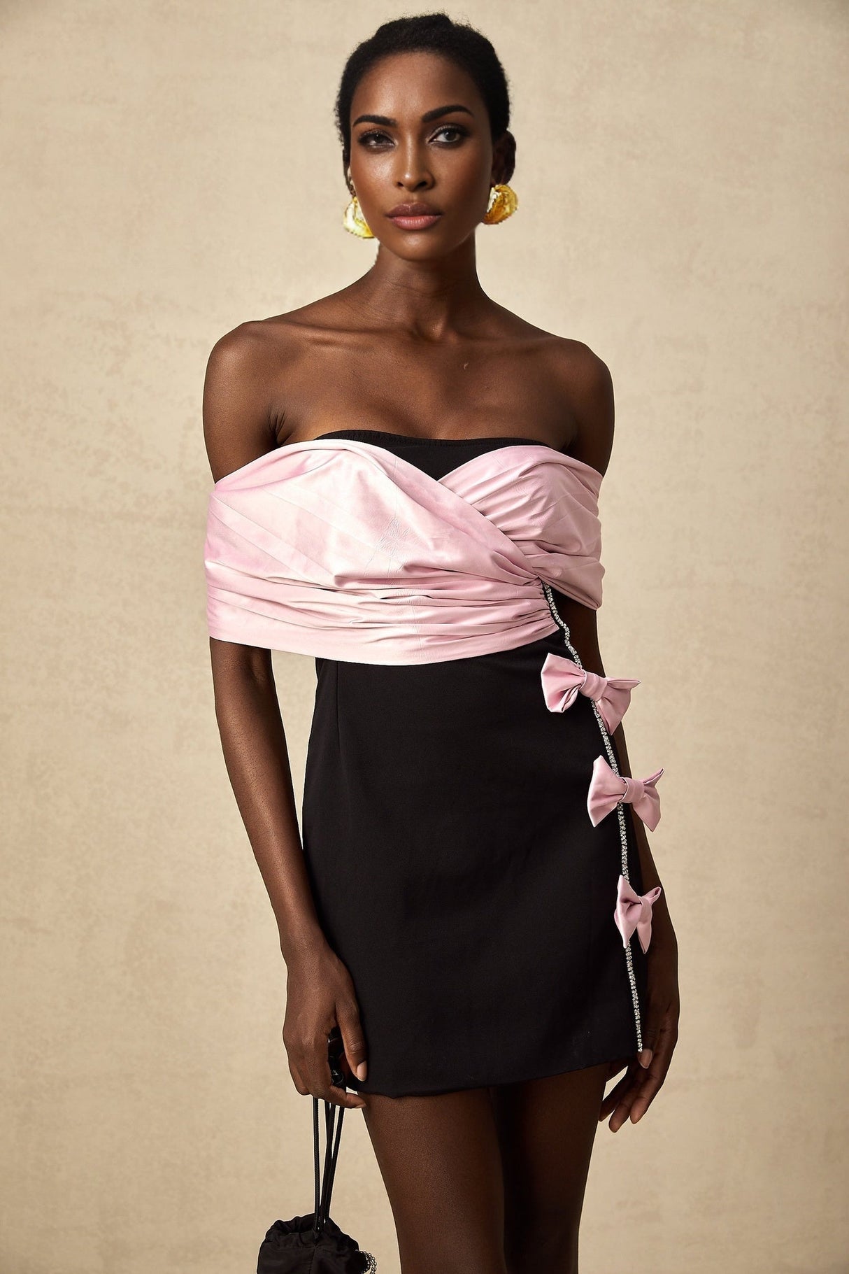 Bristol Mini Dress - Color - Blocked Design - Off - Shoulder Style - Ruffles & Bow Embellishment - Crystal Accents