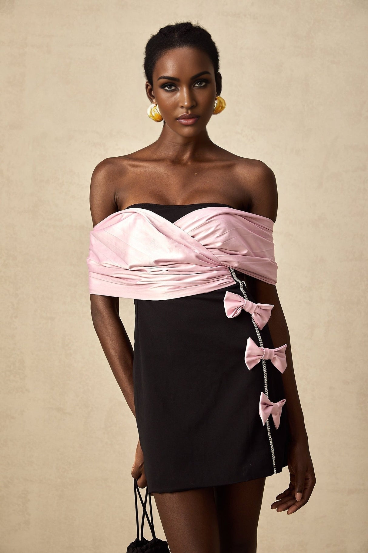 Bristol Mini Dress - Color - Blocked Design - Off - Shoulder Style - Ruffles & Bow Embellishment - Crystal Accents