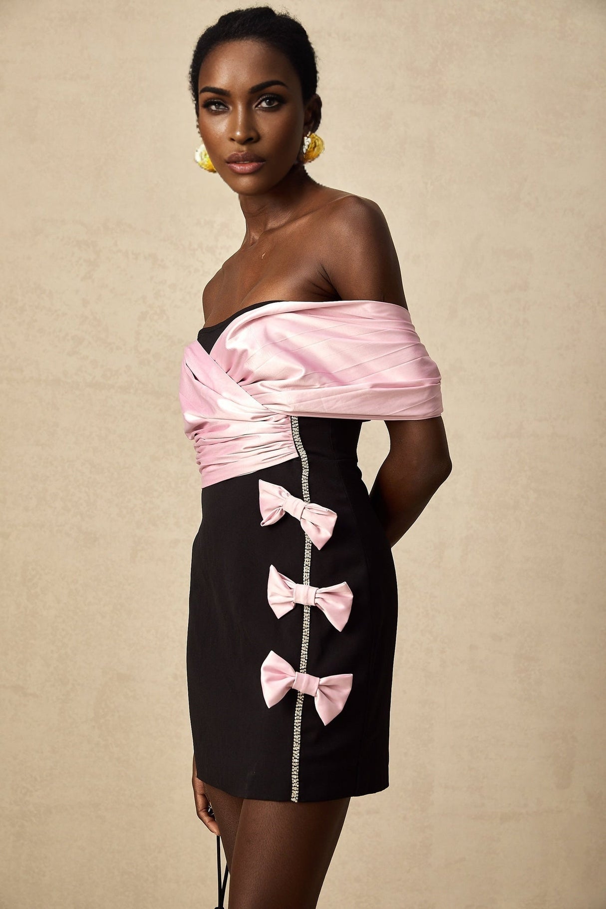 Bristol Mini Dress - Color - Blocked Design - Off - Shoulder Style - Ruffles & Bow Embellishment - Crystal Accents