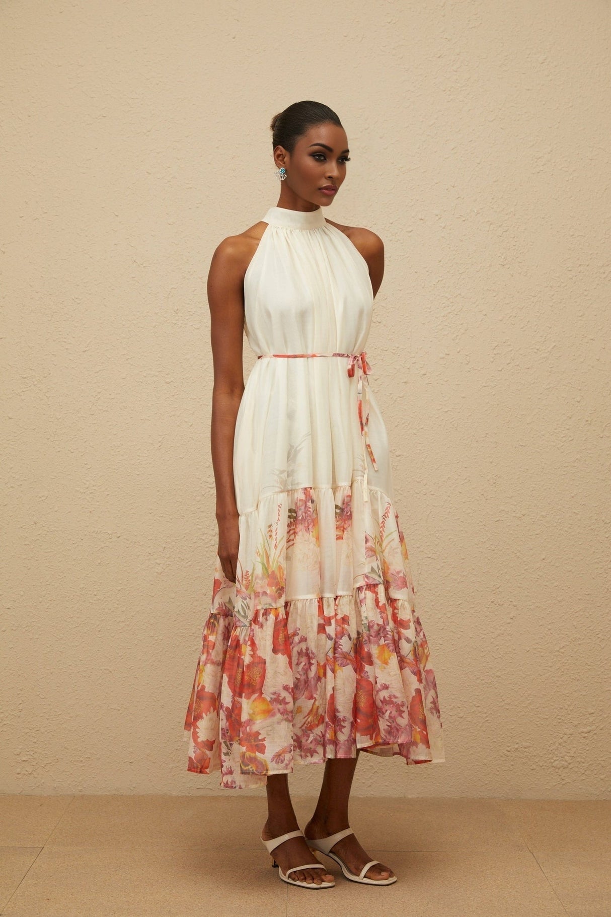 Brooklyn Midi Dress - Sleeveless - Mock Neck - Tied Waist - Floral Print - Shirred Effect